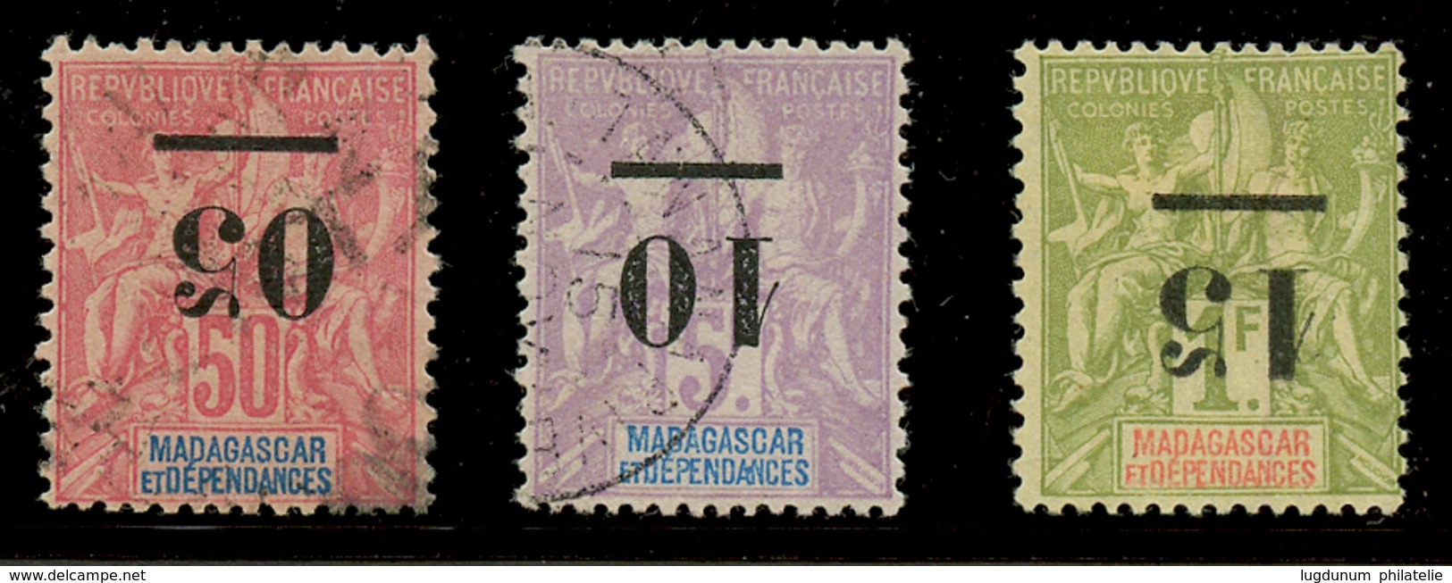 MADAGASCAR : SURCHARGE RENVERSEE - 05 S/ 50c (n°48a) Obl. + 10 S/ 5F (n°49a) Obl. + 15 S/ 1F (n°50a)x2 Neuf (*). RARE (t - Otros & Sin Clasificación