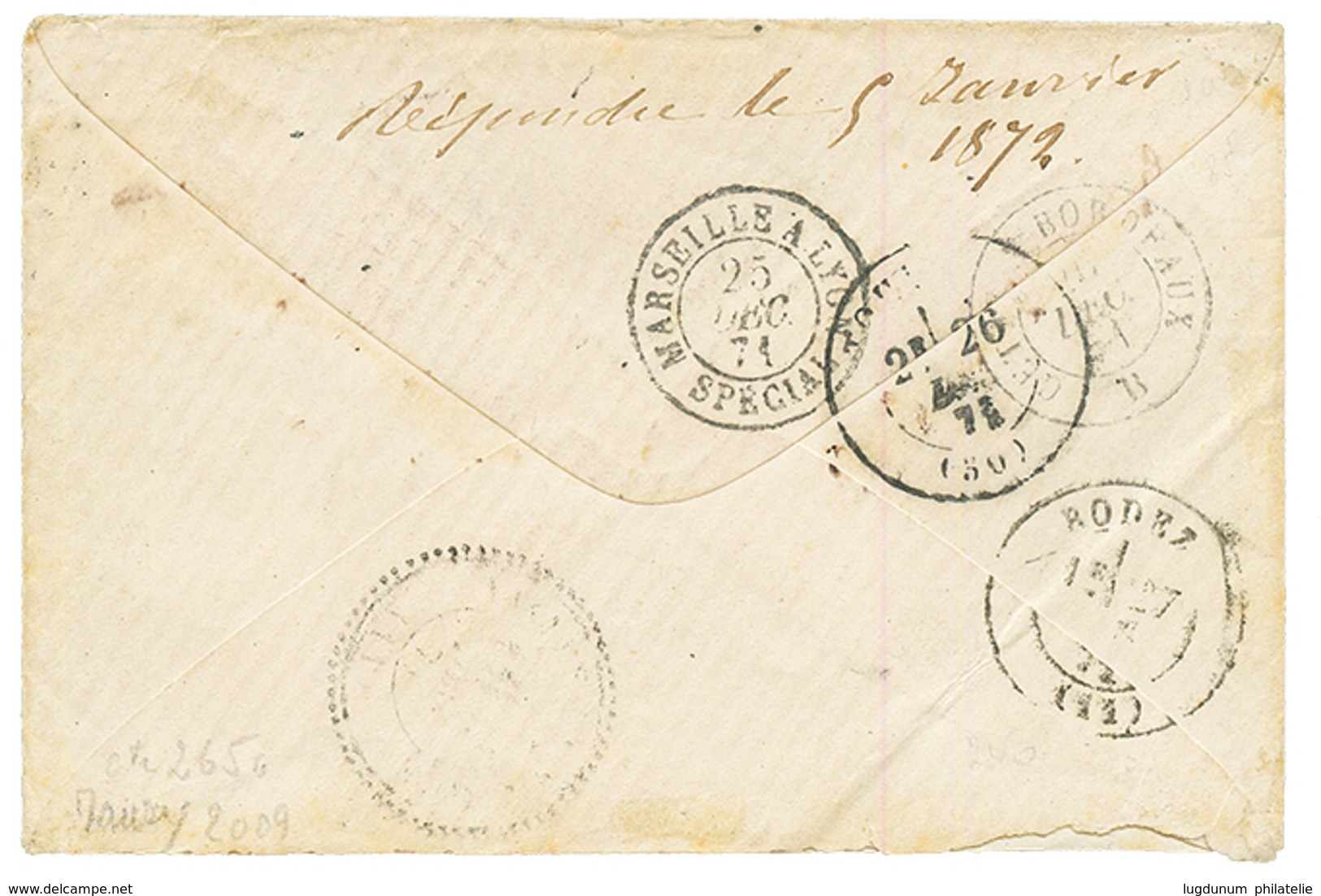 1871 4c BORDEAUX (n°41) TB Margé + 20c BORDEAUX (filet Effleuré) + 1c Lauré (n°25) Obl. GC 5013 + BLIDAH ALGERIE Sur Env - Other & Unclassified