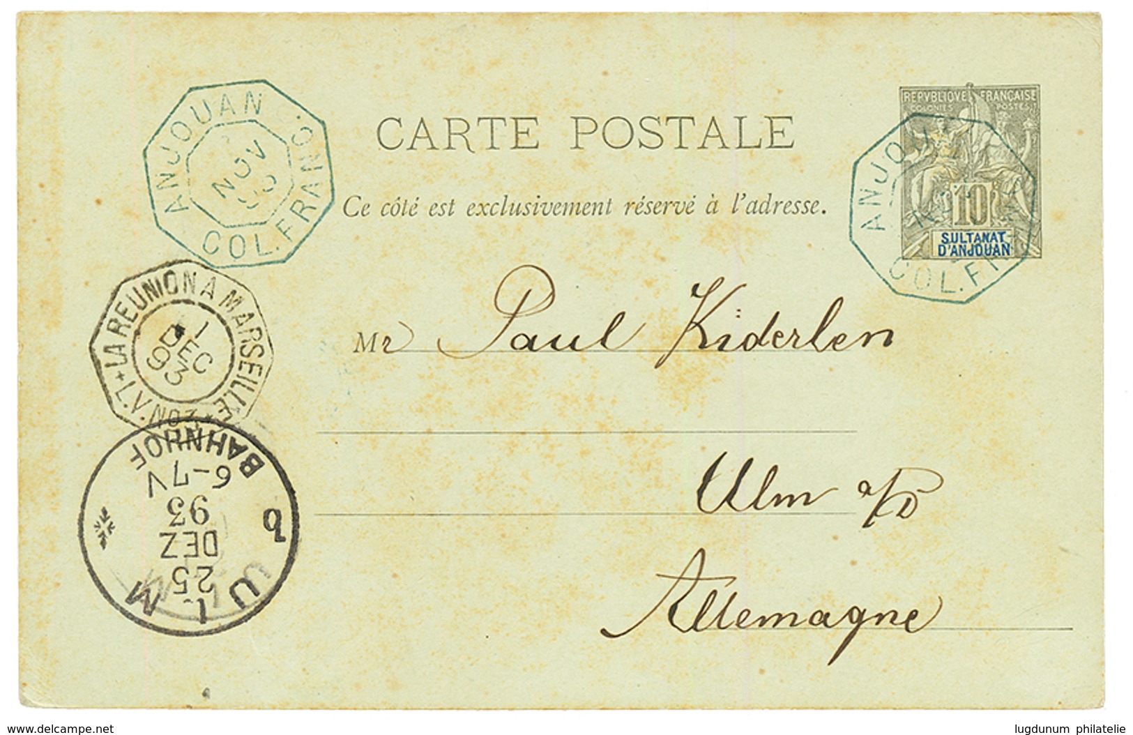 1893 Entier 10c Obl. ANJOUAN COL.FRANC + LA REUNION A MARSEILLE Pour L' ALLEMAGNE. Lègère Rousseur. TTB. - Autres & Non Classés