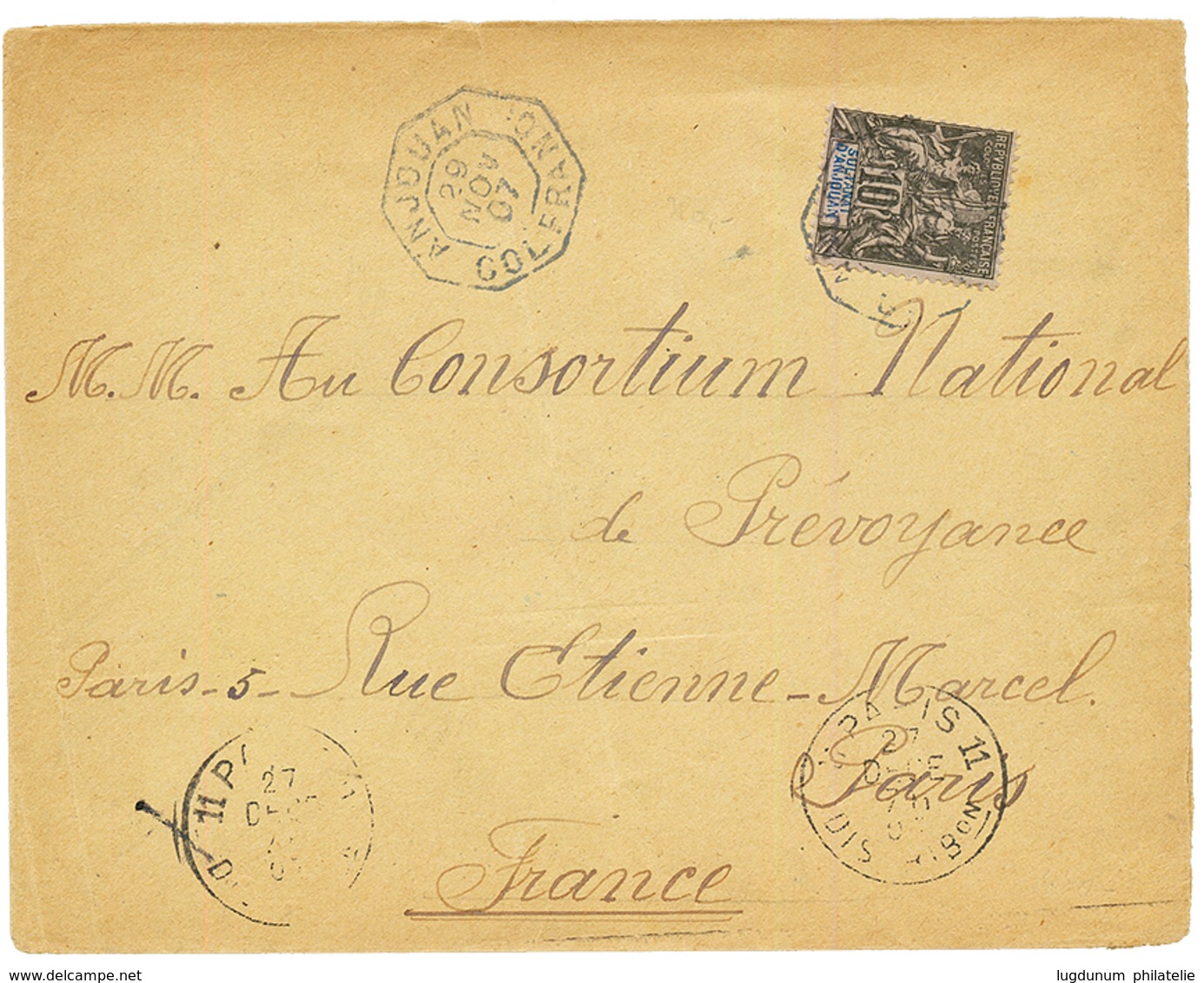 1907 SULTANAT D' ANJOUAN 10c Obl. ANJOUAN COL.FRANC. Sur Enveloppe Pour La FRANCE. Superbe. - Autres & Non Classés