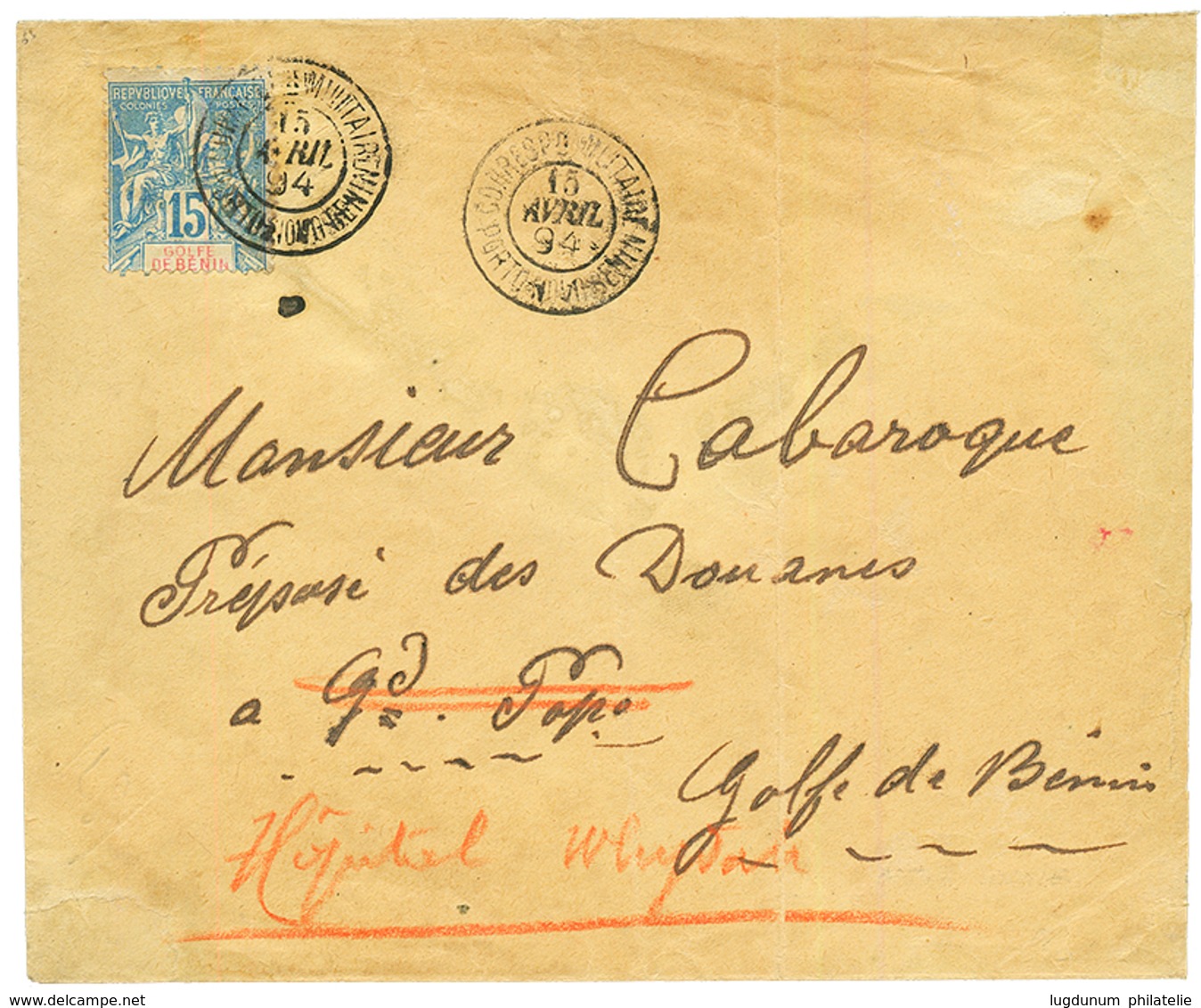 1894 GOLFE DE BENIN 15c Obl. CORRESPONDANCE MILITAIRE PORTO-NOVO BENIN Sur Env. Pour GRAND-POPO, Redirigée à L' HOPITAL  - Other & Unclassified