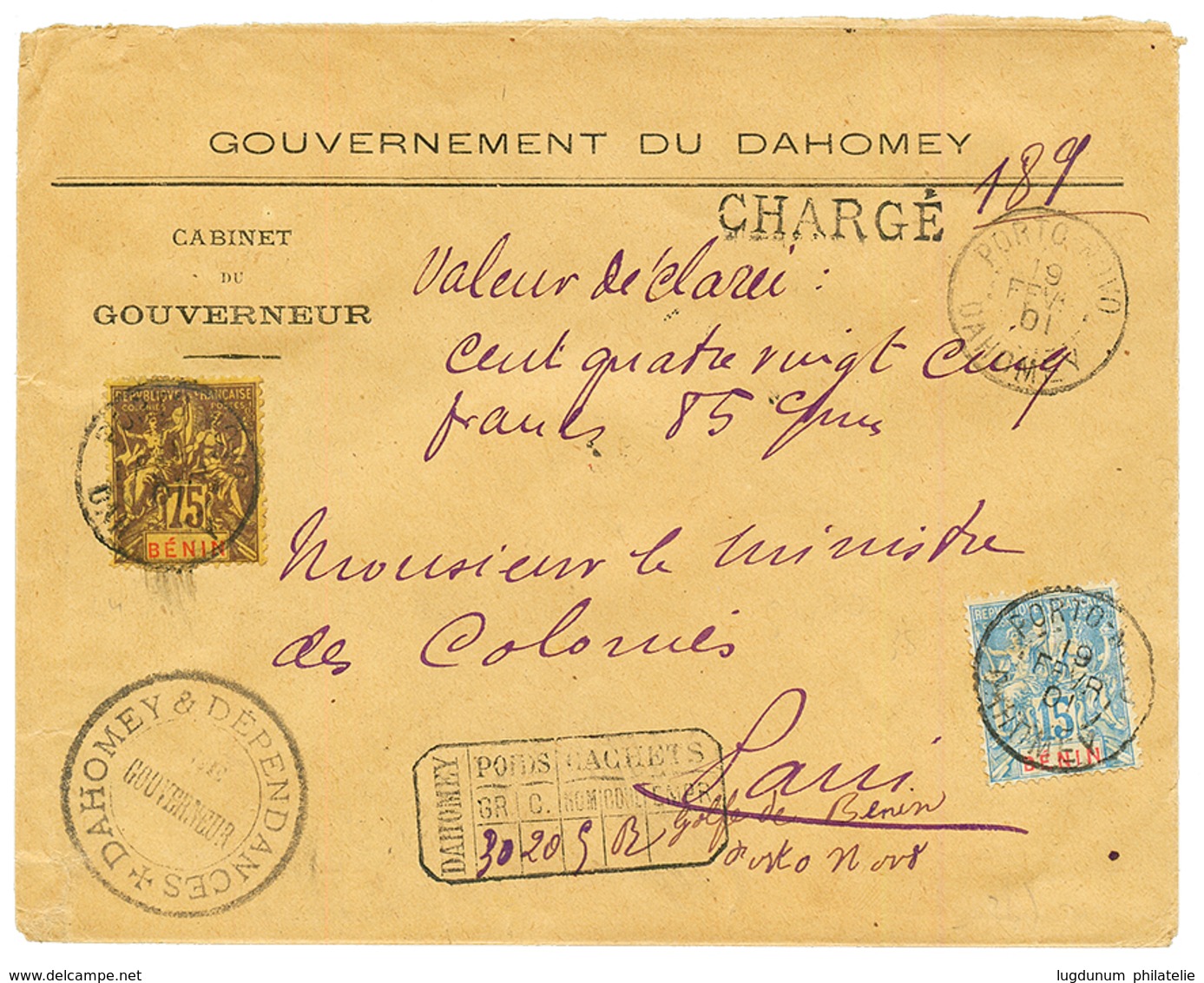 1901 15c + 75c Obl. PORTO-NOVO DAHOMEY + CHARGE + Superbe Grille De CHARGEMENT (rare Au Recto) + "VD = 185F85c" Pour PAR - Autres & Non Classés
