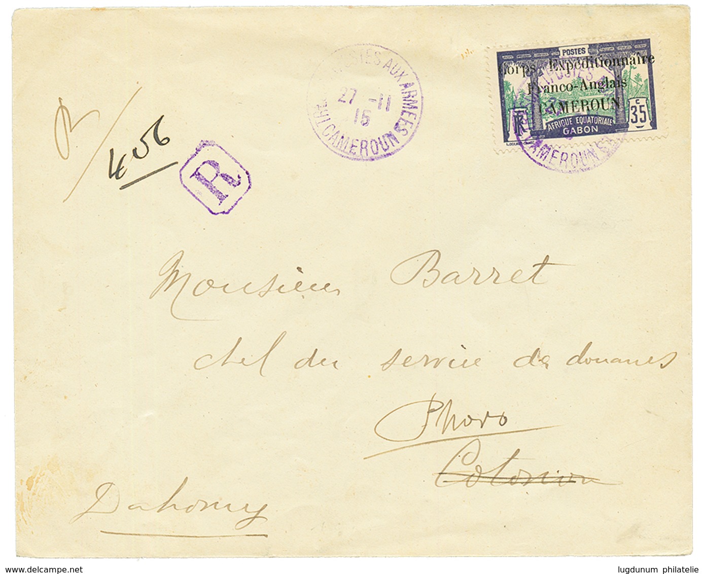 1915 35c (n°46) Obl. TRESOR ET POSTES AUX ARMEES CAMEROUN Sur Env. RECOM. Pour Le DAHOMEY. TB. - Other & Unclassified