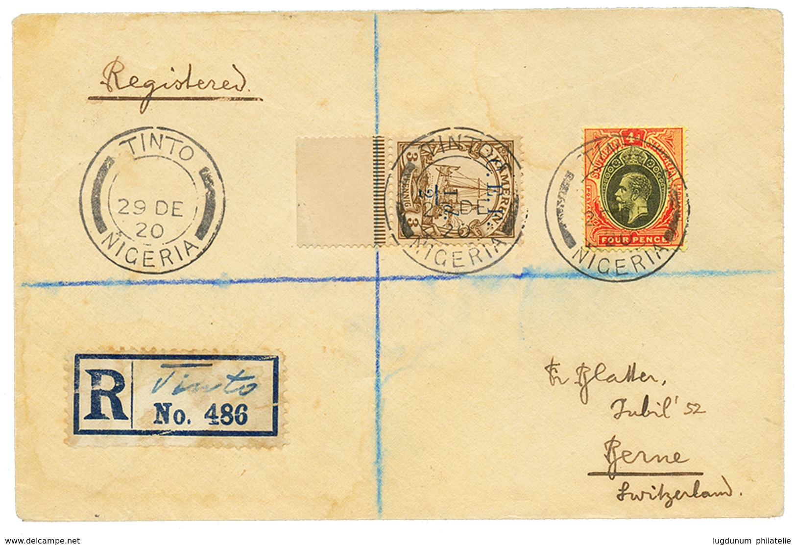 1920 KAMERUN CEF 1/2d + NORTHERN NIGERIA 4d Canc. TINTO NIGERIA On Registered Cover To SWITZERLAND. Vvf. - Other & Unclassified