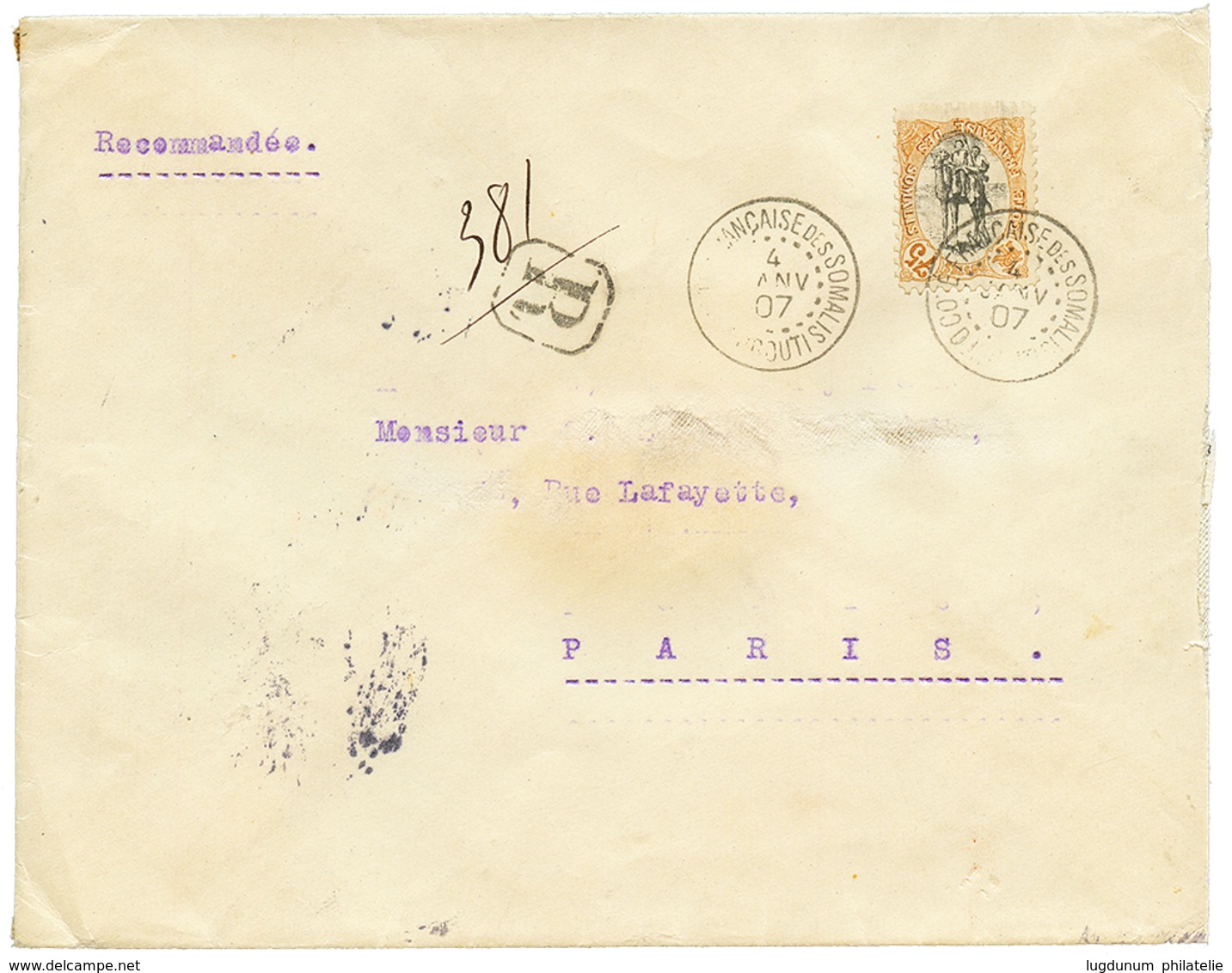 "CENTRE RENVERSE" : 1907 75c Avec Variété CENTRE RENVERSE Sur Env. De DJIBOUTI Pour PARIS (arrivée Au Verso). VARIETE Ra - Other & Unclassified