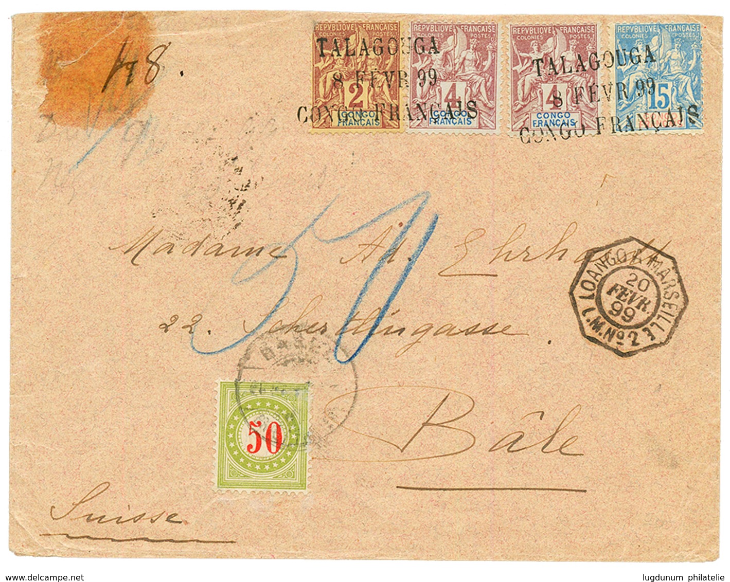 1899 2c + 4c (x2) + 15c Obl. Cachet Provisoire Linéaire TALAGOUGA/ 8 FEVR. 99/ CONGO FRANCAIS Sur Env (pd) Pour BALE Tax - Other & Unclassified