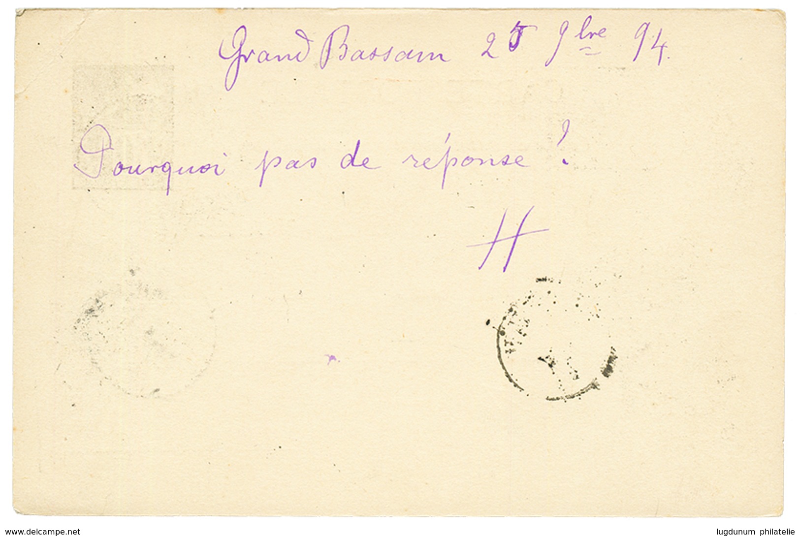 COTE D' IVOIRE - PRECURSEUR Pour Le MONTENEGRO : 1894 COLONIES GENERALES Entier 10c Obl. COTE D' IVOIRE GRAND-BASSAN Pou - Other & Unclassified