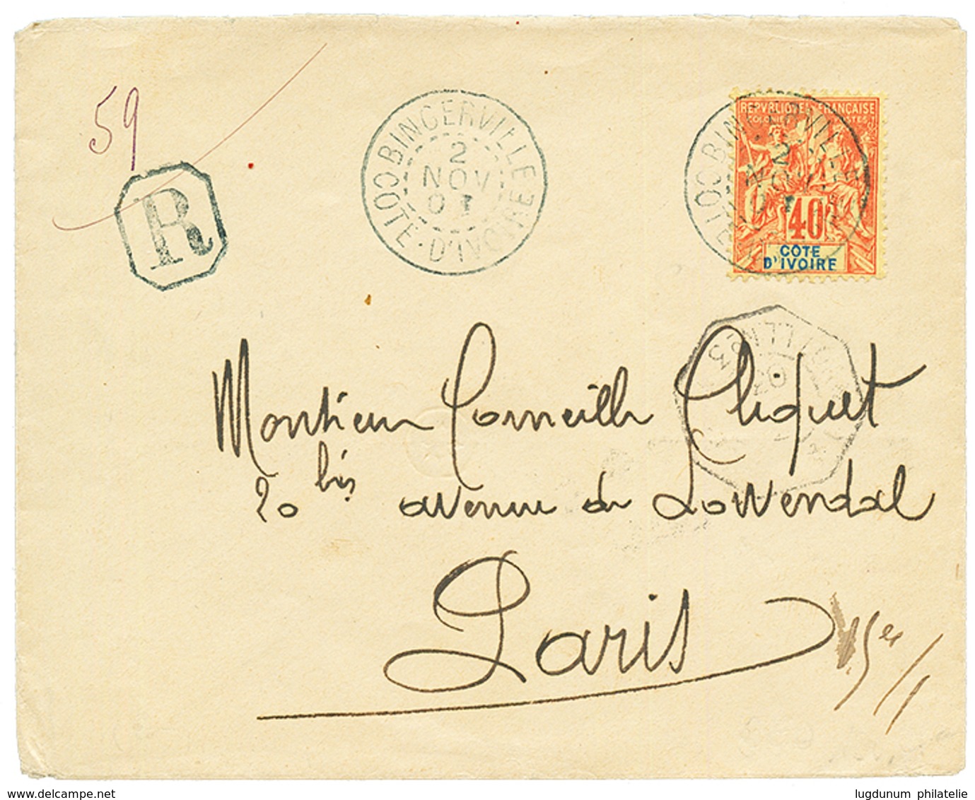 1903 40c (n°10) Obl. BINGERVILLE COTE D' IVOIRE Sur Enveloppe RECOMMANDEE Pour PARIS. Superbe. - Autres & Non Classés
