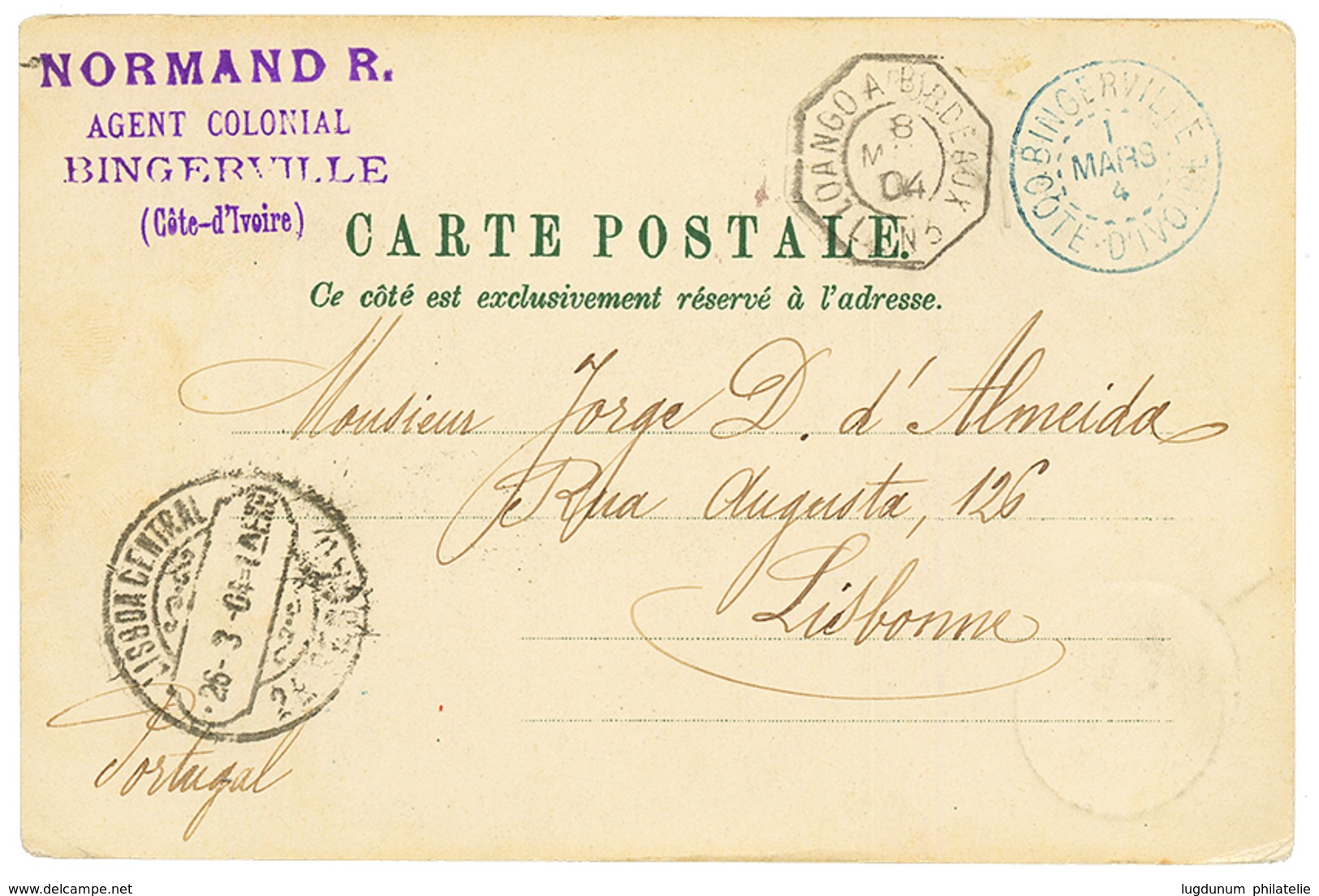 1904 Provisoire 0,10 S/ 75c (n°19) Obl. BINGERVILLE COTE D' IVOIRE Sur Carte Pour LE PORTUGAL. TTB. - Other & Unclassified