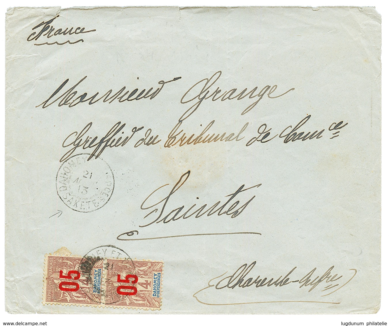 "SAKETE" : 1913 05 S/ 4c (x2) Obl. DAHOMEY SAKETE Sur Enveloppe Pour La FRANCE. TB. - Other & Unclassified