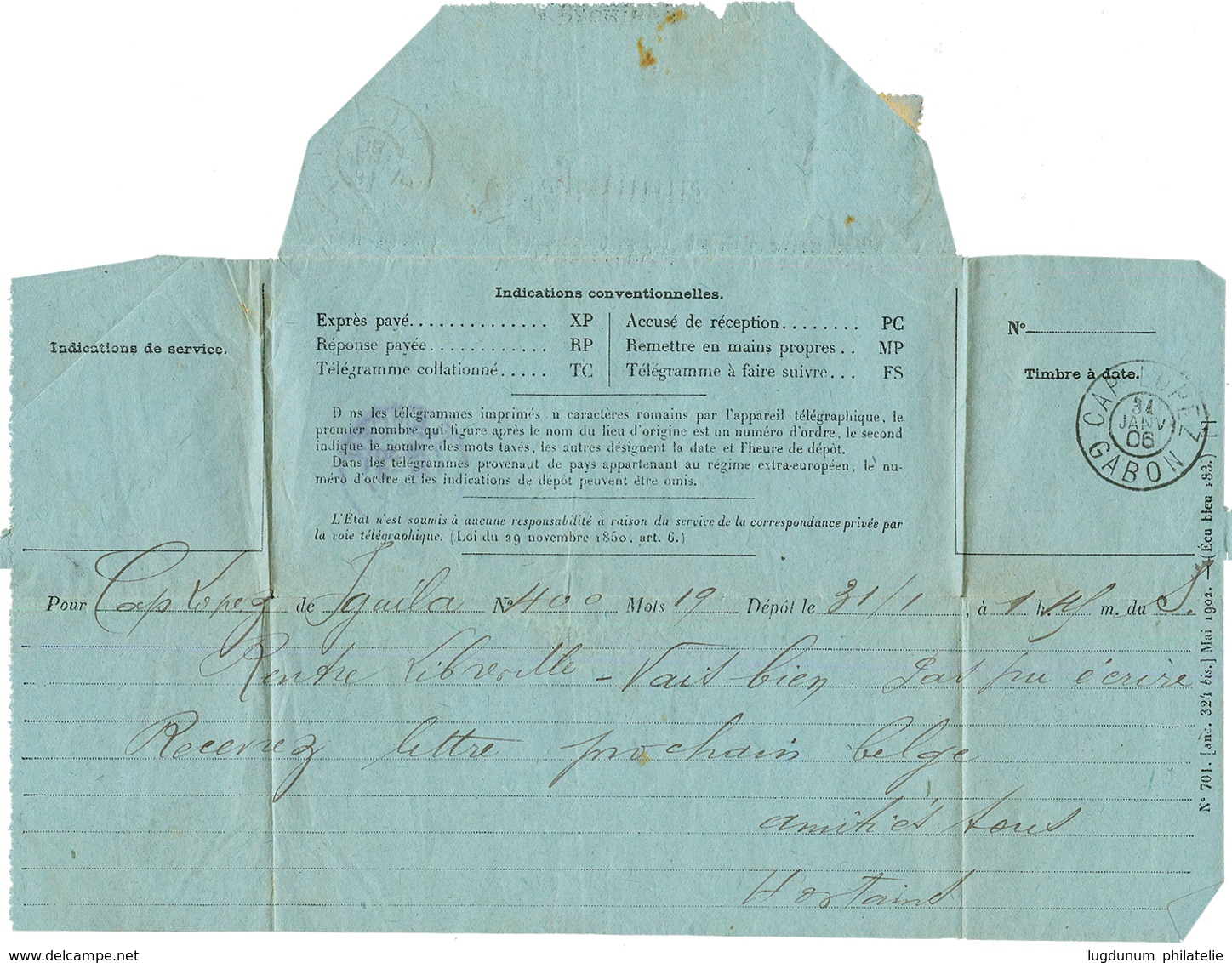 1906 15c Obl. CAP LOPEZ GABON Sur TELEGRAMME De IGUILA Pour TLEMCEN (ALGERIE). RARE. TTB. - Autres & Non Classés
