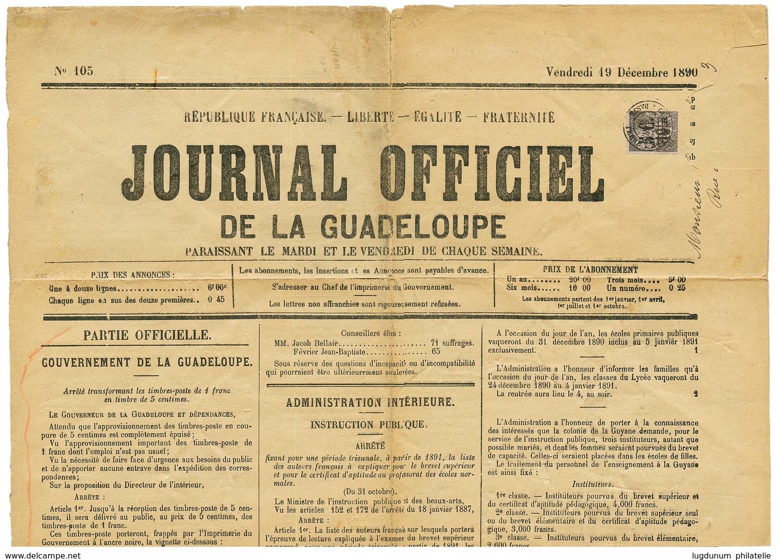 1890 5c GPE S/ 10c (n°10) Obl. GUADELOUPE BASSE-TERRE Sur JOURNAL Complet De La GUADELOUPE. RARE. TTB. - Other & Unclassified