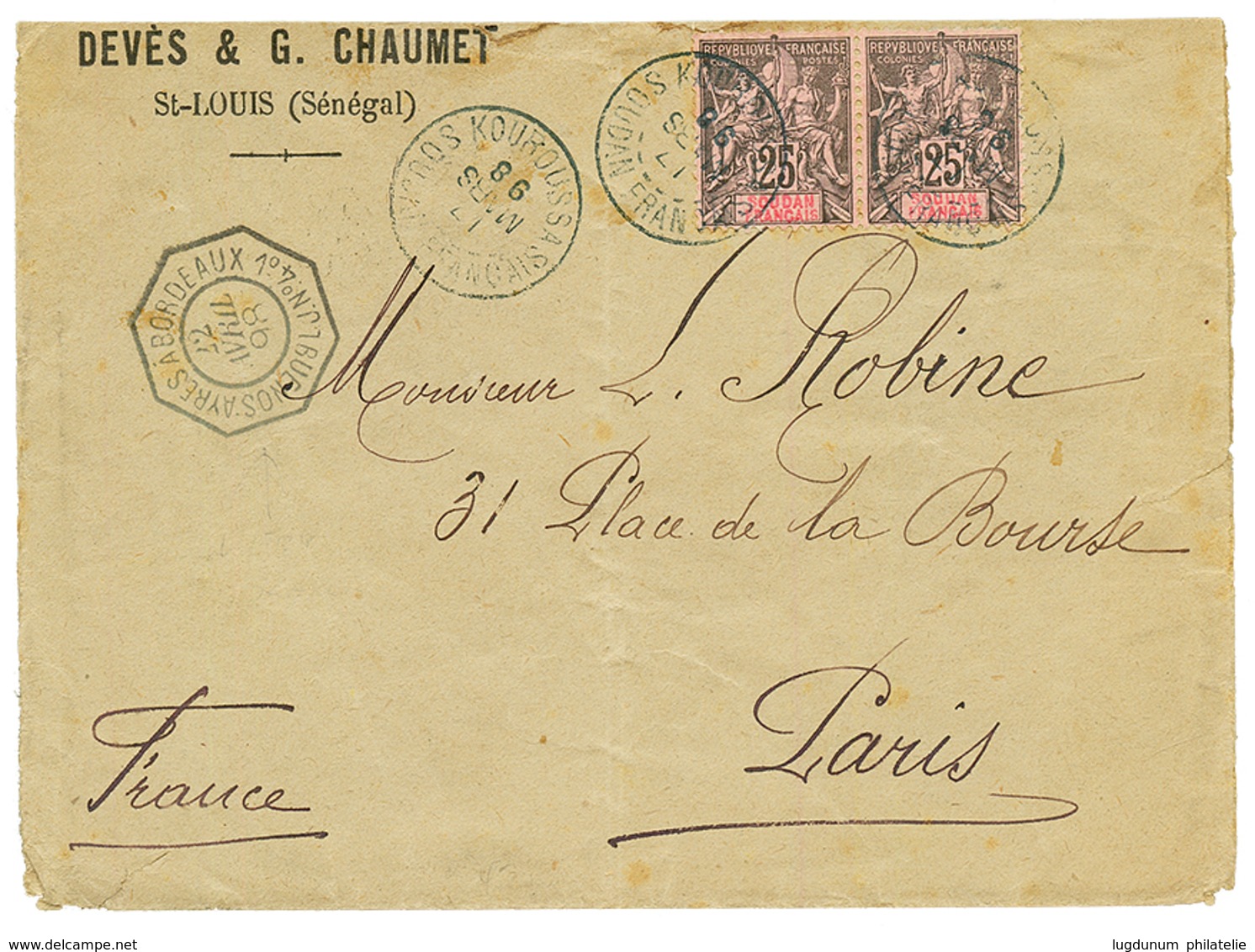 "KOUROUSSA" : 1898 25c(x2) Obl. KOUROUSSA Sur Env. De ST LOUIS SENEGAL Pour PARIS. TB. - Other & Unclassified