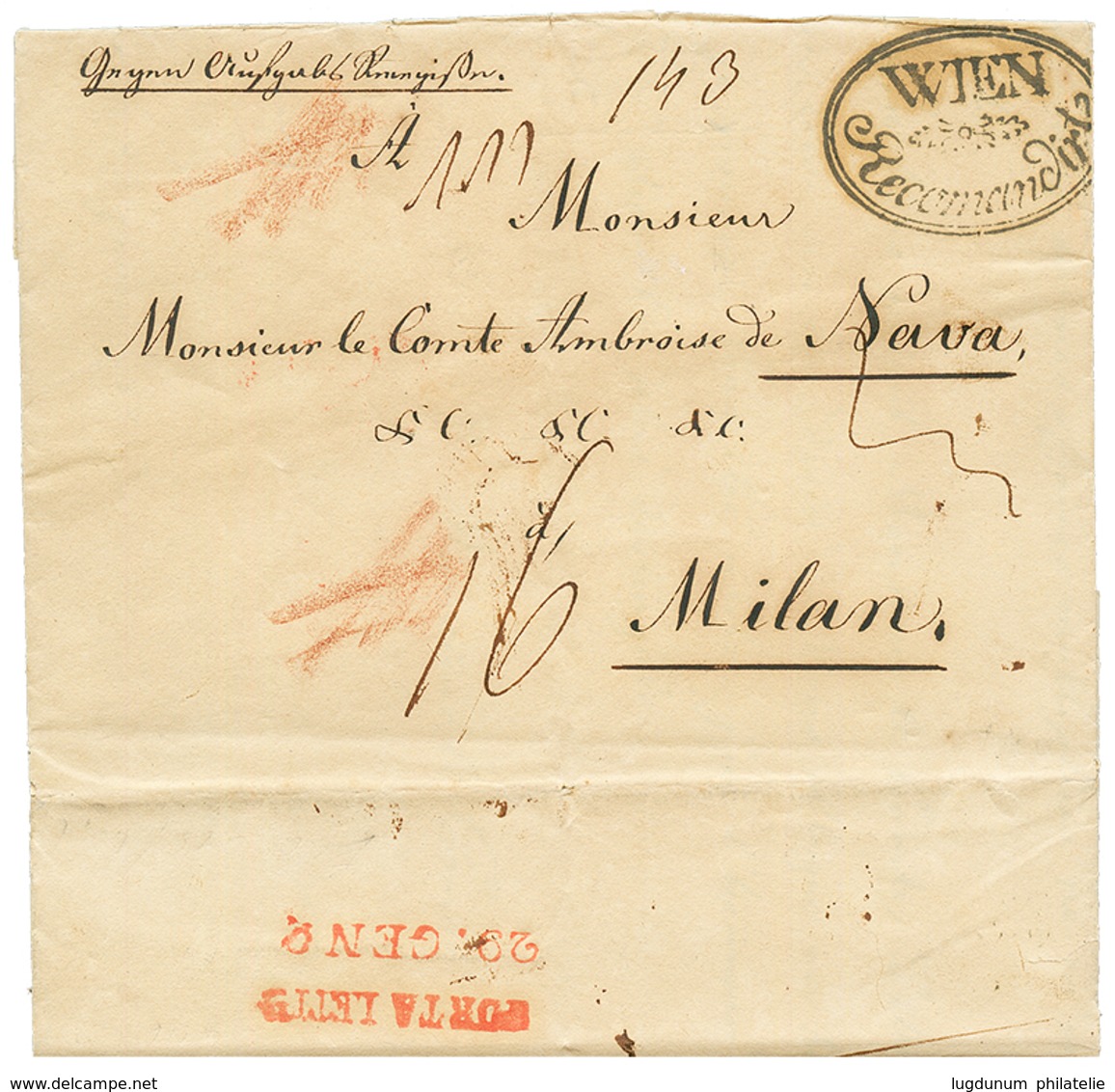 1837 WIEN RECOMMANDIRT + Tax Marking On Entire Letter From "VIENNE" To MILAN (ITALY). Superb. - Autres & Non Classés