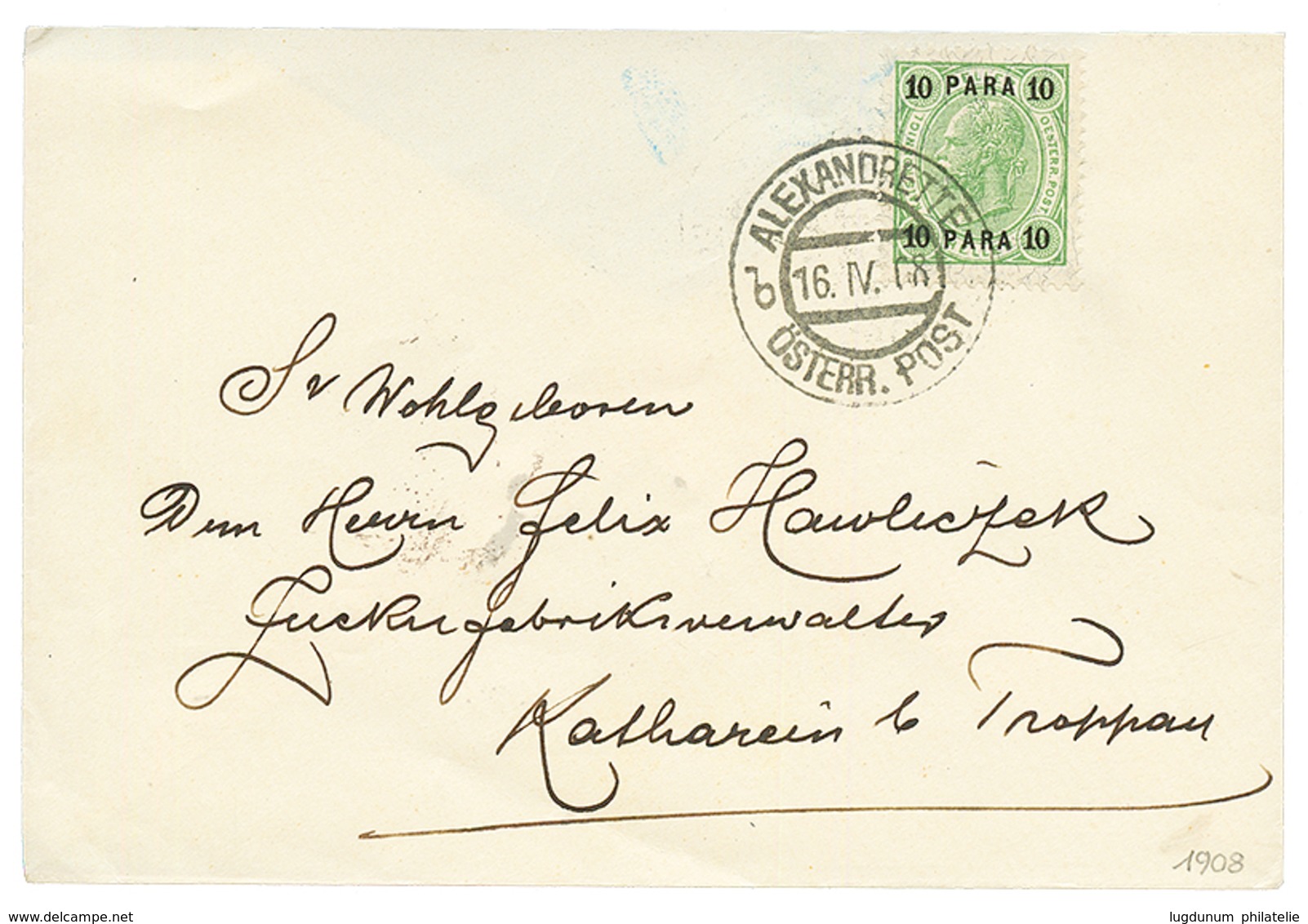 ALEXANDRETTE : 1908 10p Canc. ALEXANDRETTE On Envelope (PRINTED MATTER Rate) To AUSTRIA. Scarce.. Superb. - Levant Autrichien