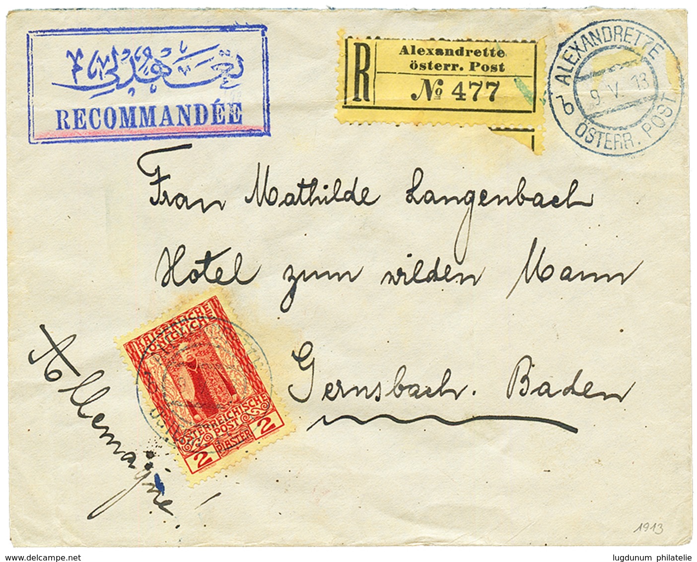 ALEXANDRETTE : 1913 2P Canc. ALEXANDRETTE On REGISTERED Envelope To BADEN. Superb. - Eastern Austria