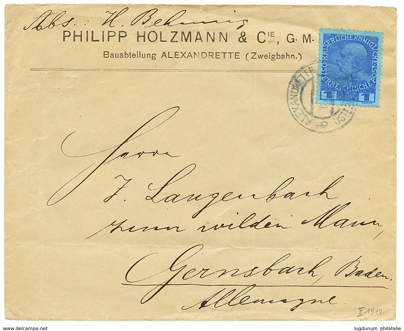 ALEXANDRETTE : 1914 1P Canc. ALEXANDRETTE On Commercial Envelope To BADEN. Superb. - Oostenrijkse Levant