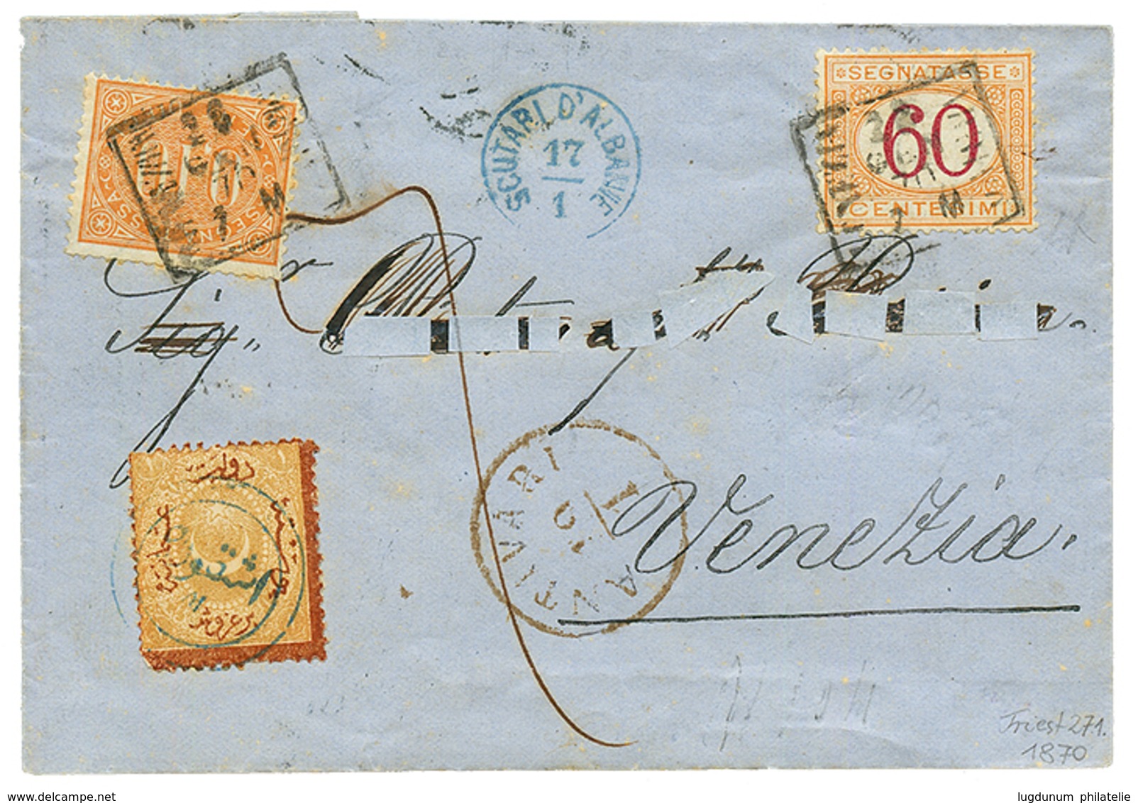 ANTIVARI : 1870 ANTIVARI + SCUTARI D' ALBANIE + Stamp From TURKEY + ITALIAN POSTAGE DUES 0,10 + 60c On Cover (fault) To  - Levant Autrichien