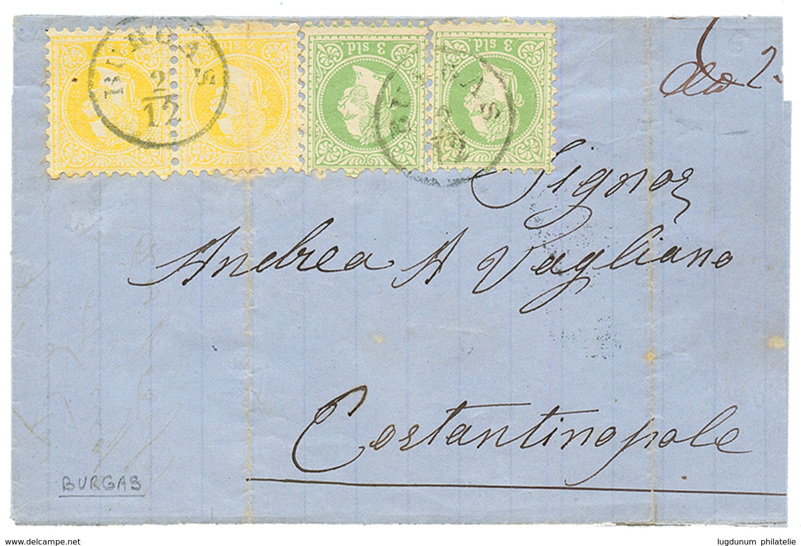 BURGAS : 1872 Pair 2 SOLDI (1 Stamp With Crease) + 3 SOLDI (x2) Canc. BURGAS On Entire To CONSTANTINOPLE. Very Rare Post - Eastern Austria