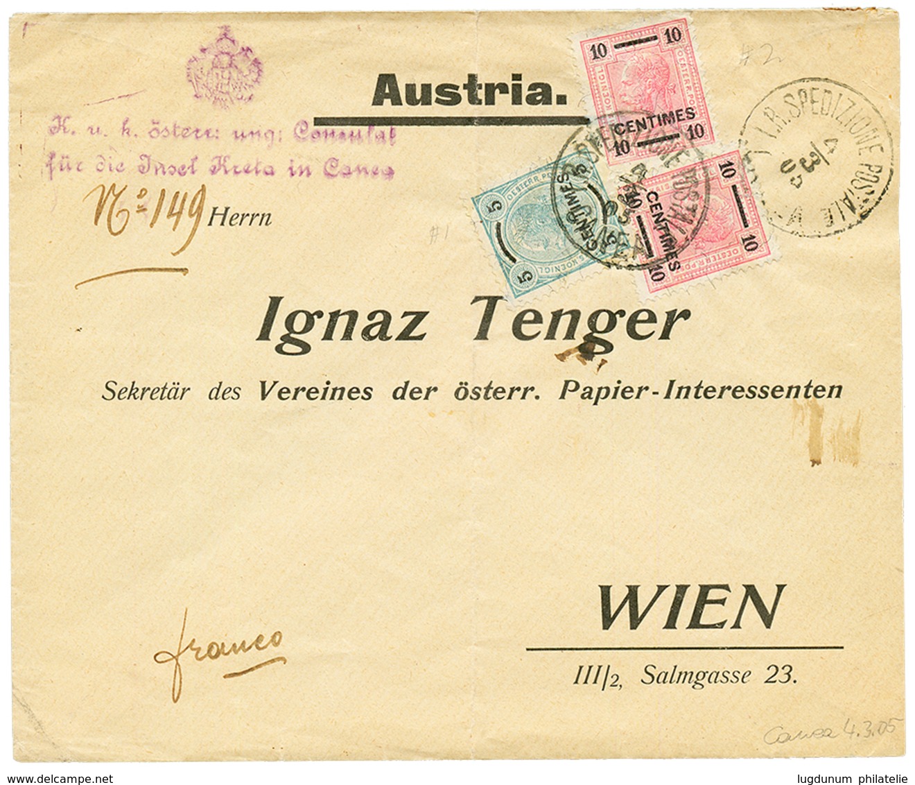 CANEA : 1905 5c + 10c (x2) Canc. I.R SPEDIZIONE POSTAL CANEA On Consular Envelope To WIEN. Vf. - Levant Autrichien