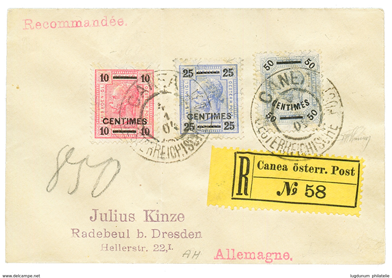 CANEA : 1904 10c + 25c + 50c Canc. CANEA On REGISTERED Envelope To GERMANY. Vvf. - Levant Autrichien