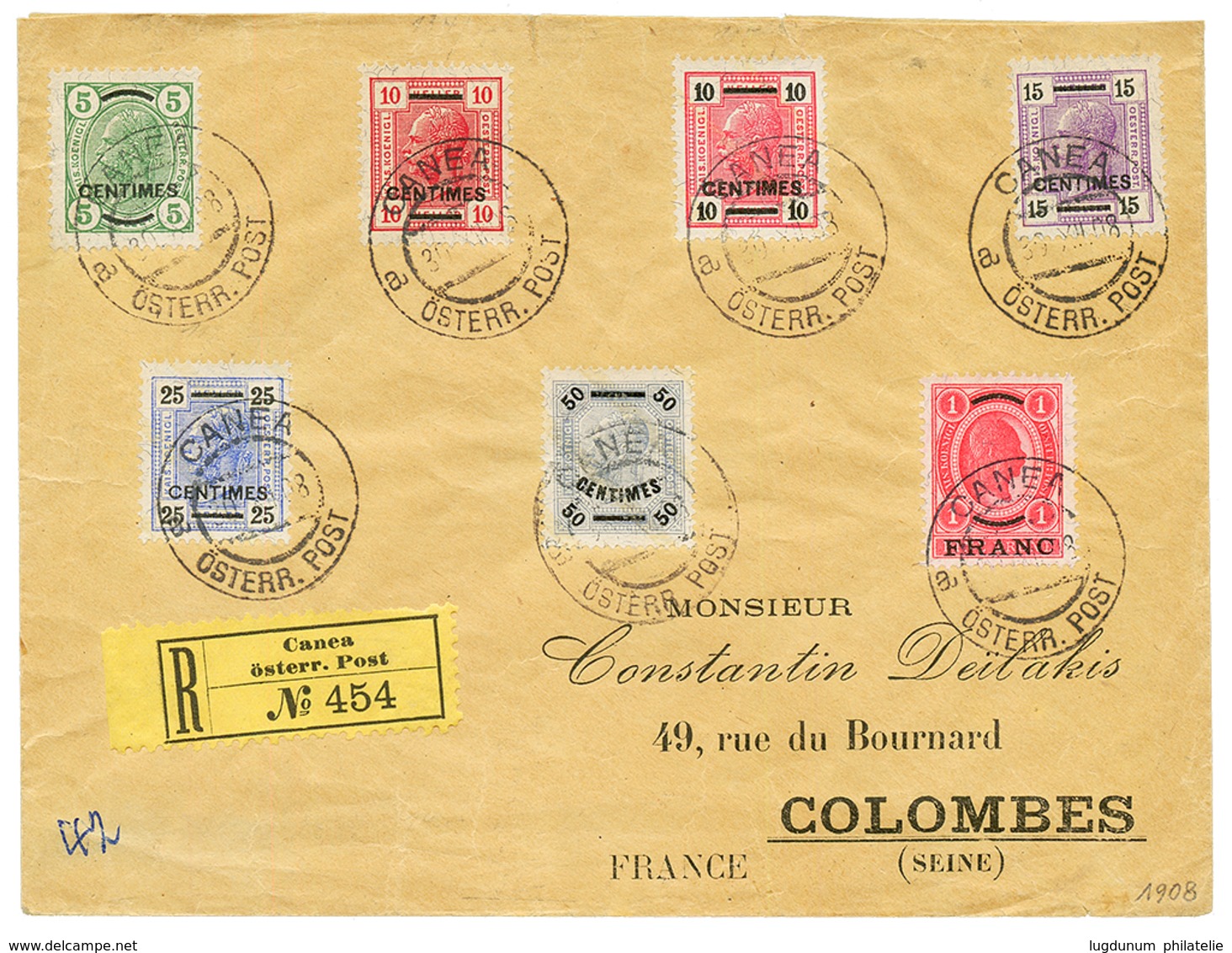 CANEA : 1908 5c To 1 FRANC Canc. CANEA On REGISTERED Envelope To FRANCE. Vvf. - Oriente Austriaco
