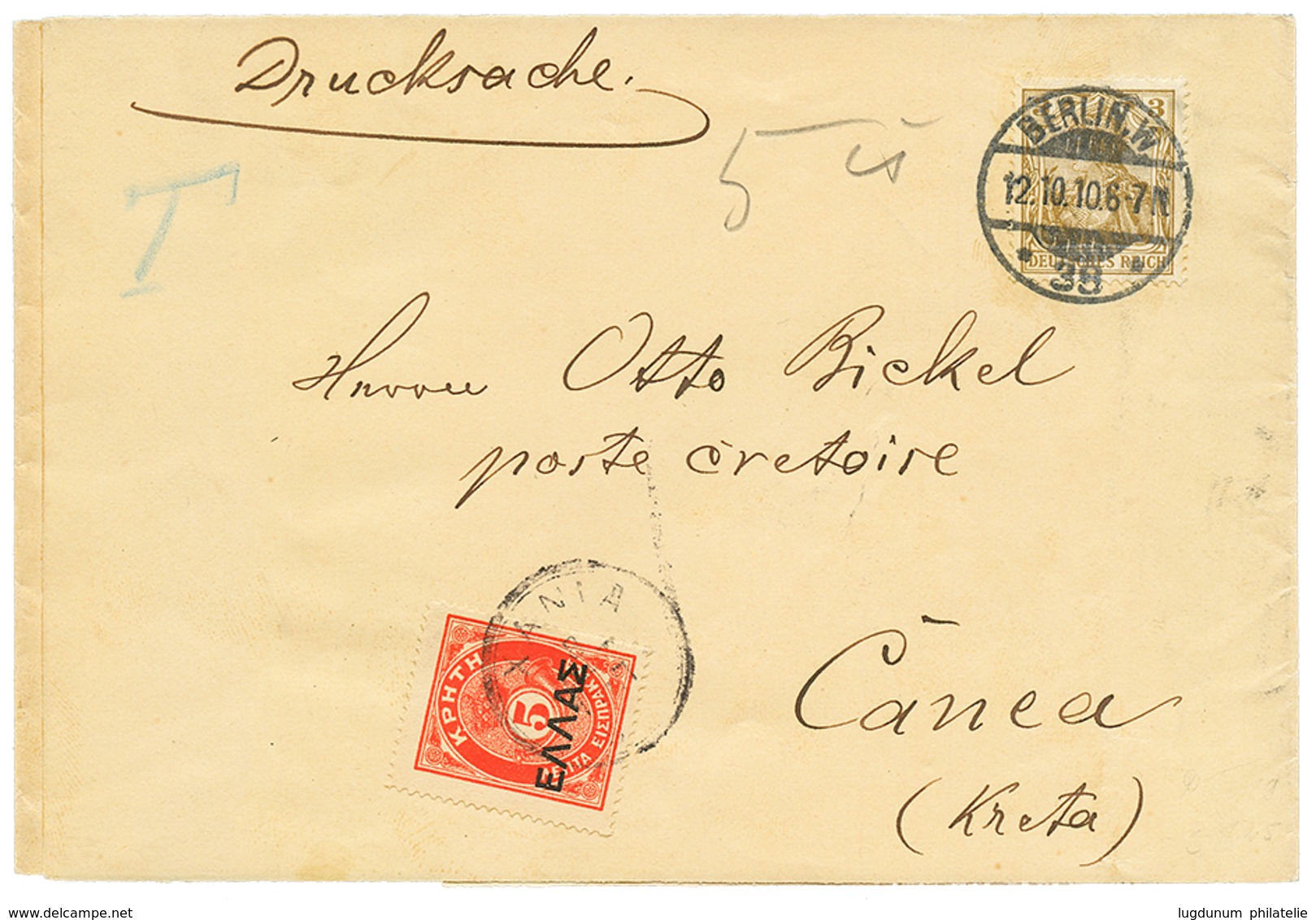 CANEA : 1910 GERMANIA 3pf Canc. BERLIN On Complete Wrapper (DRUCKSACHE) To CANEA Taxed On Arrival With CRETE 5l POSTAGE  - Eastern Austria