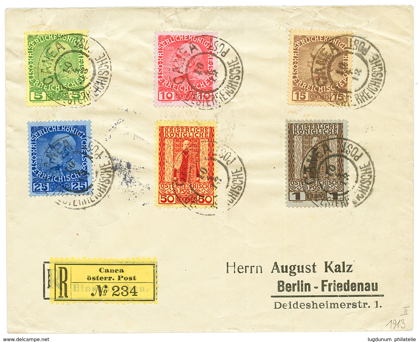 CANEA : 1913 5c To 1 FRANC Canc. CANEA On REGISTERED Envelope To BERLIN. Vvf. - Eastern Austria