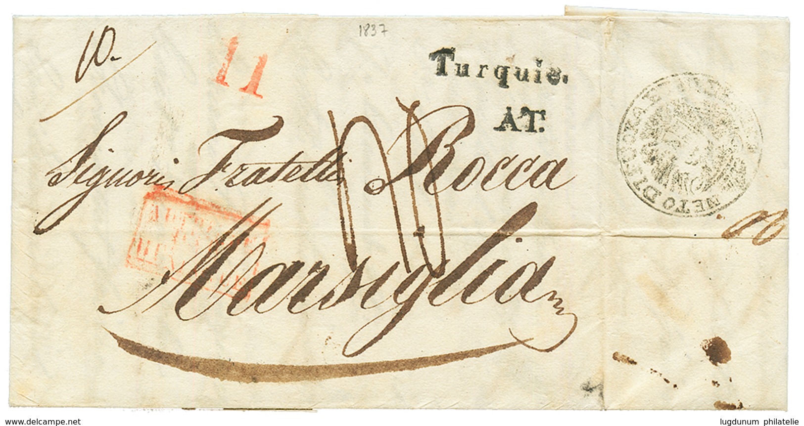 CONSTANTINOPLE : 1837 TURQUIE + A.T On Entire Letter From CONSTANTINOPLE To FRANCE. Verso, Disinfected Cachet. Vvf. - Levant Autrichien