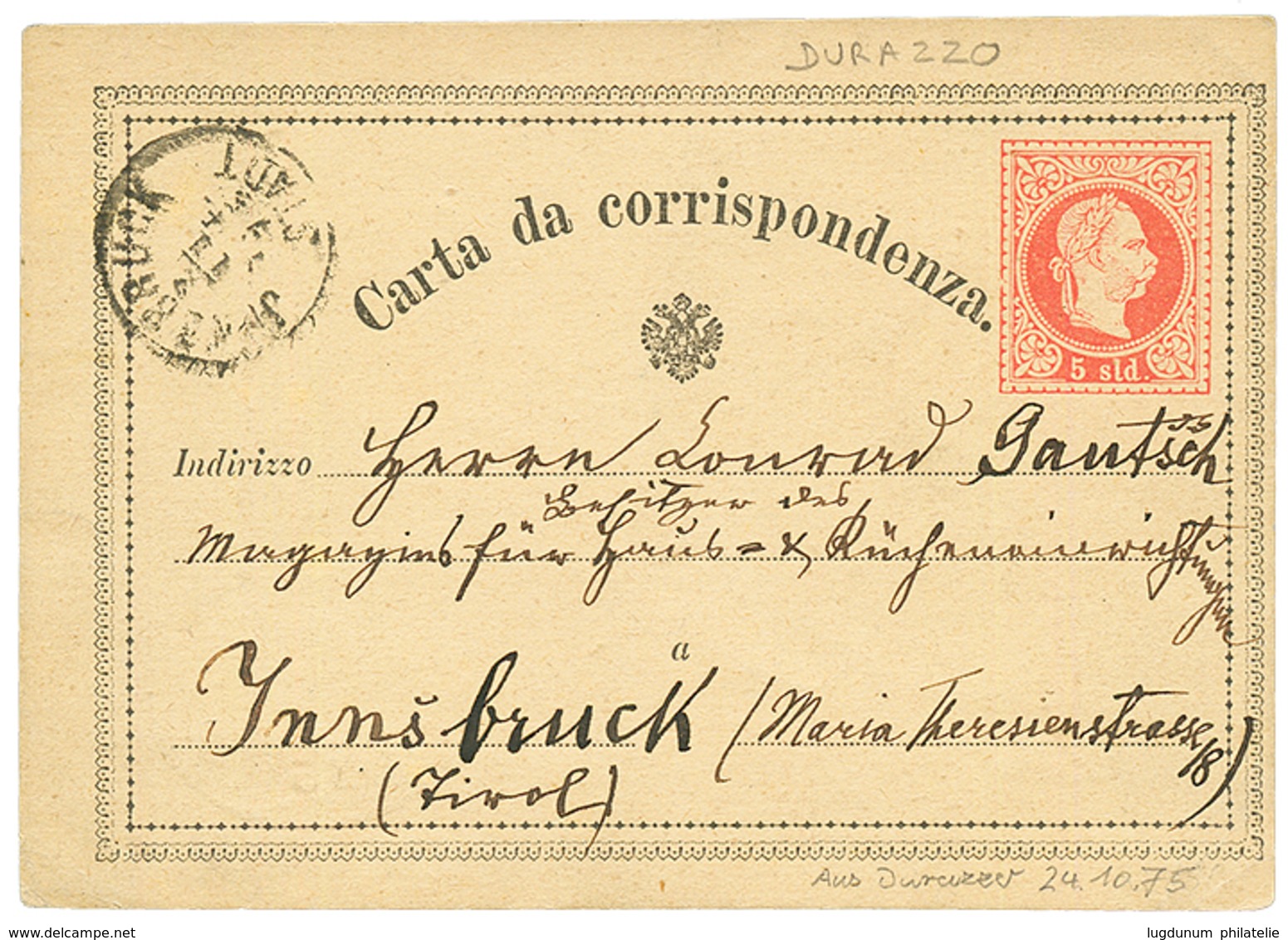 DURAZZO : 1875 P./Stat 5s Datelined "DURAZZO ALBANIEN" Via TRIESTE To INNSBRUCK (Tirol). Scarce. Vf. - Levant Autrichien