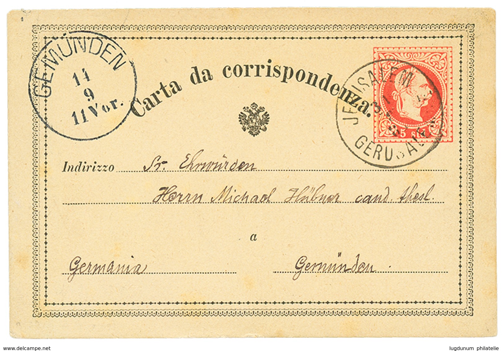 JERUSALEM : 1881 P./Stat 5s Canc. JERUSALEM GERUSAMEME To GERMANY. Superb. - Levant Autrichien