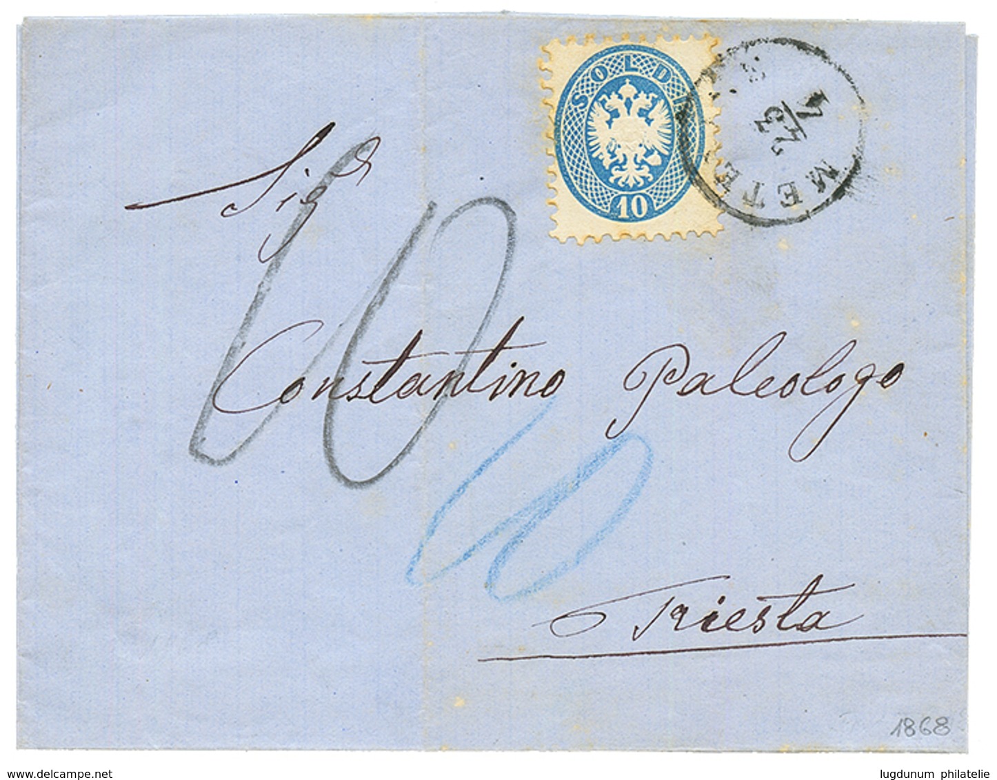 METELINE : 1868 10s Canc. METELINE + "10" Tax Marking On Cover To TRIESTE. Vvf. - Levant Autrichien