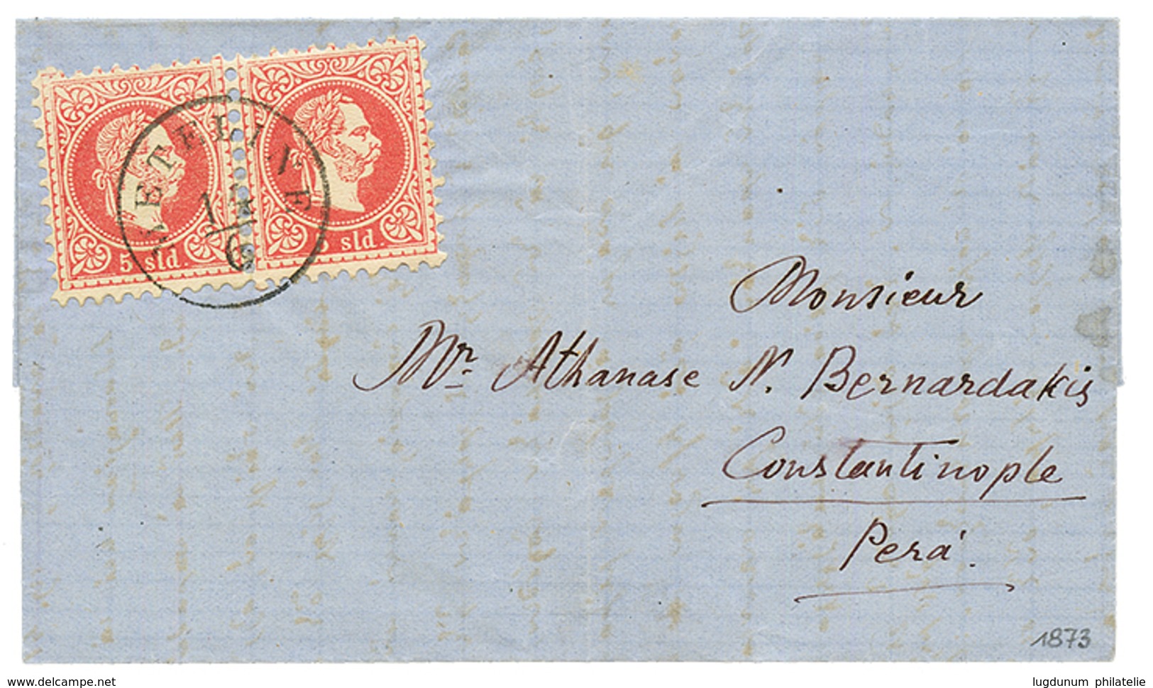 METELINE : 1873 Superb Pair 5 SOLDI Canc. METELINE On Entire Letter To CONSTANTINOPLE. Vvf. - Eastern Austria