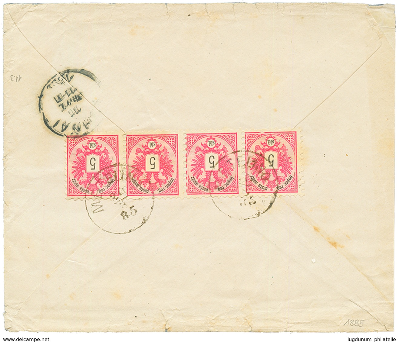 METELINE" : 1885 5 Soldi Strip Of 4 Canc. METELINO On Reveerse Of Envelope To ATHENES (GRECE). Scarce. Vf. - Levant Autrichien