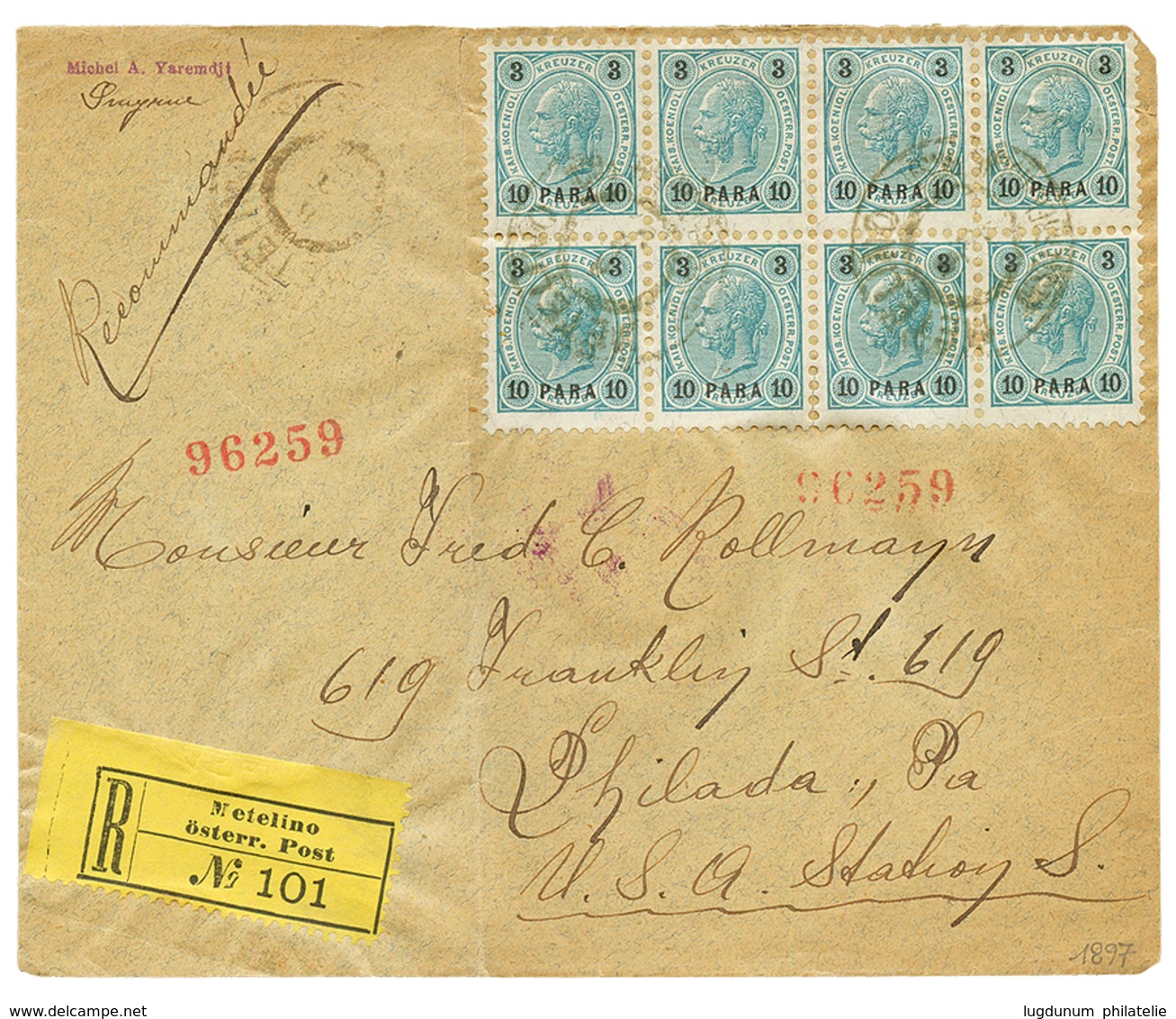 METELINE : 1897 10p Bloc Of 8 Canc. METELINO On REGISTERED Envelope To PHILADELPHIA (USA). Scarce. Vf. - Levant Autrichien
