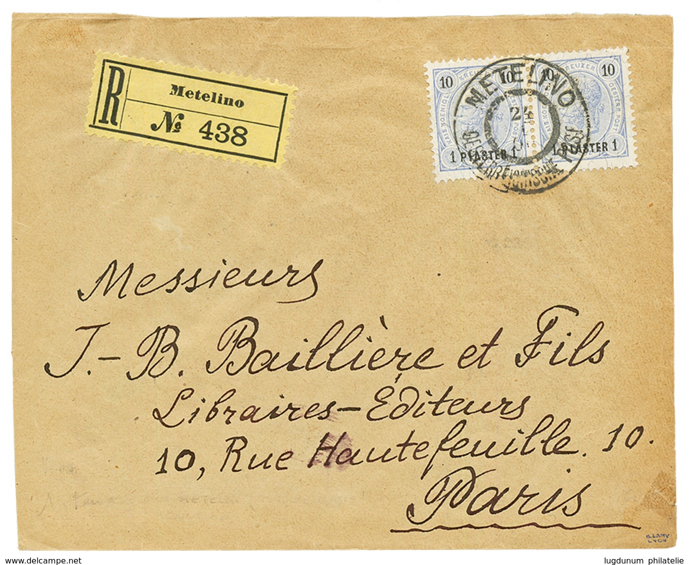 METELINO : 1900 Pair 1P Canc. METELINO On REGISTERED Envelope To FRANCE. Superb. - Levant Autrichien