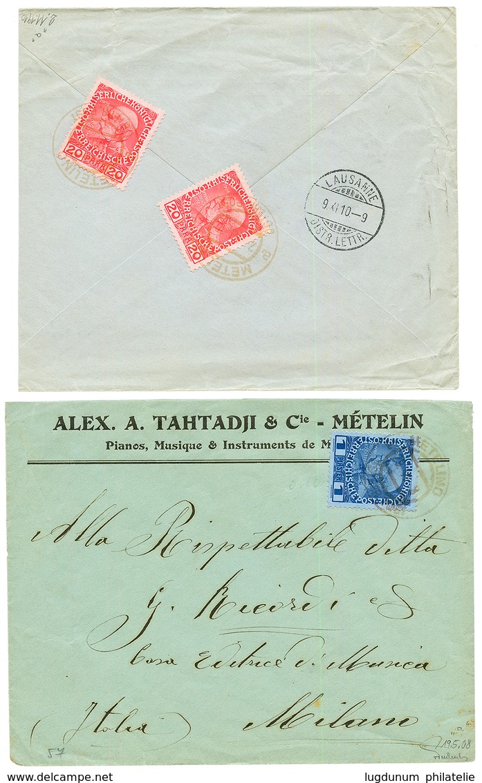 METELINO : 1908 1P Canc. METELINO To ITALY & 1910 20p(x2) Canc. METELINO To SWITZERLAND. Vvf. - Eastern Austria