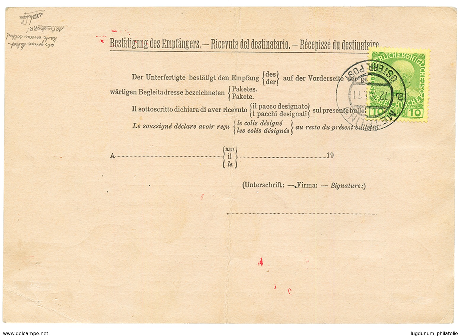 METELINO :1911 2 P + 5P + 10 PIASTER Canc. METELINO On "MANDAT DE POSTE INTERNATIONAL" To SWITZERLAND. RARE. Vvf. - Levant Autrichien