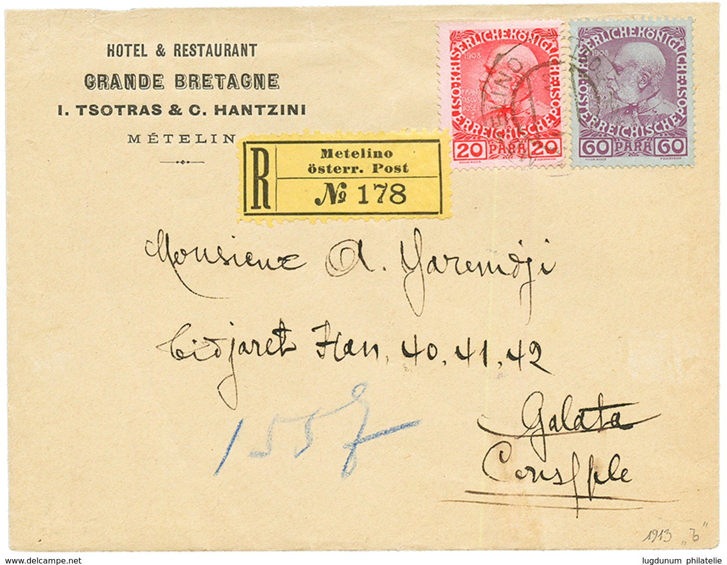 METELINO : 1912 20p + 60p Canc. METELINO On REGISTERED Envelope (HOTEL) To CONSTANTINOPLE. Vvf. - Levant Autrichien