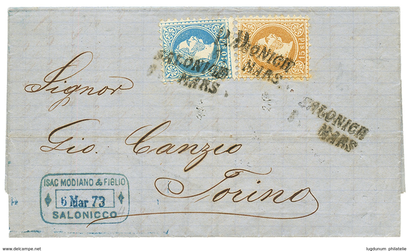 SALONIQUE : 1873 10s + 15s Canc. SALONICH On Cover To TORINO(ITALY). Vf. - Eastern Austria