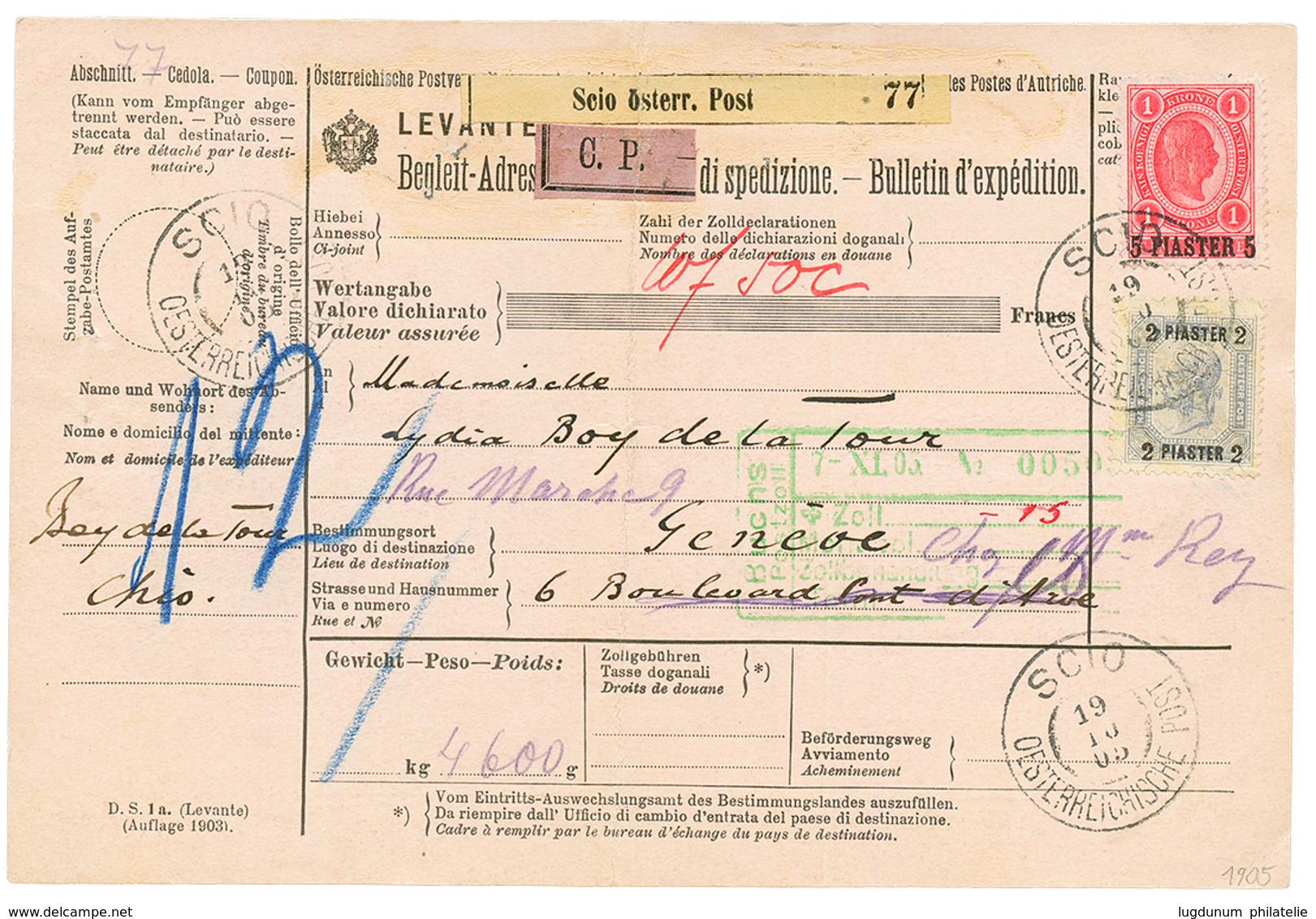 SCIO :1905 2 PIASTER + 5 PIASTER On 1k Canc. SCIO On "MANDAT DE POSTE INTERNATIONAL" To SWITZERLAND. Vvf. - Levant Autrichien