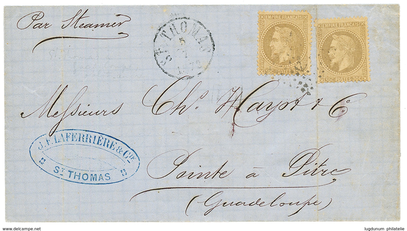 DANISH WEST INDIES - French P.O. : 1872 FRANCE 30c (x2) Faults Canc. ANCHOR + Danish Cachet ST THOMAS On Cover To GUADEL - Danimarca (Antille)
