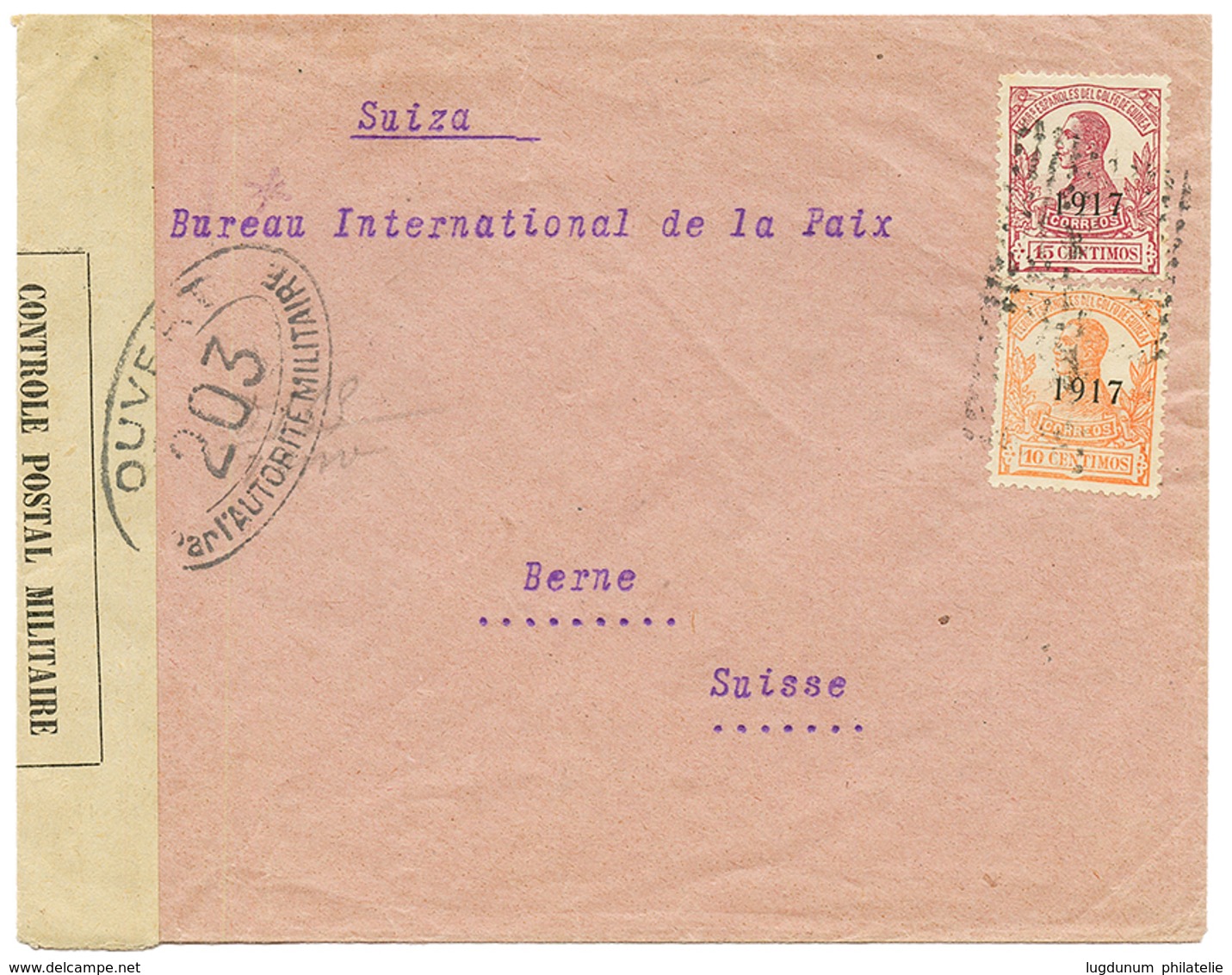 SPANISH GUINEA : 1918 10c + 15c "BUREAU INTERNATIONAL DE LA PAIX" + CENSOR Label On Envelope To SWITZERLAND. Vvf. - Other & Unclassified