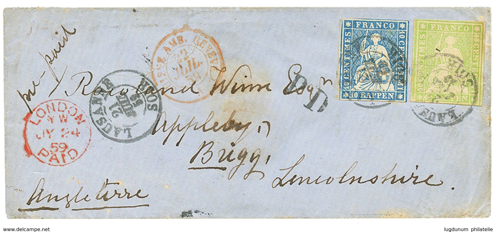 1859 STRUBEL 10r + 40r Canc. LAUSANNE On Envelope To GREAT BRITAIN. BERRA GAUTSCHI Certificate. Vf. - Altri & Non Classificati