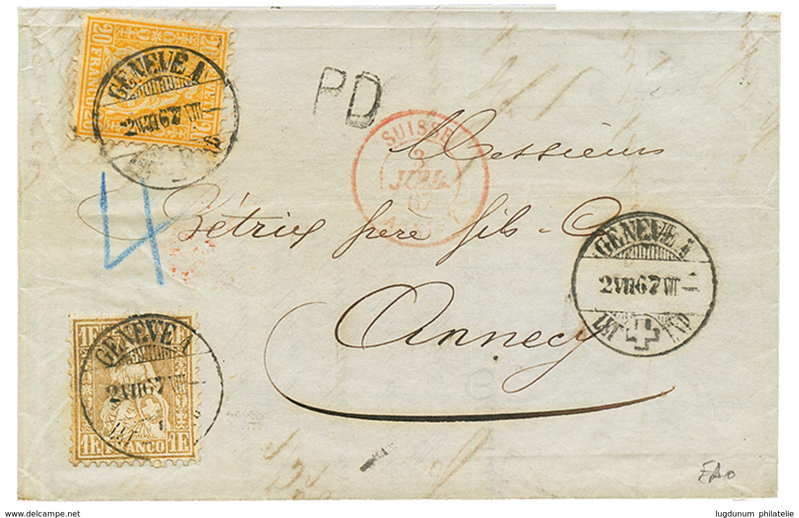 1867 20c + 1F BRONZE Canc. GENEVE On Entire Letter To FRANCE. Scarce. Vf. - Other & Unclassified