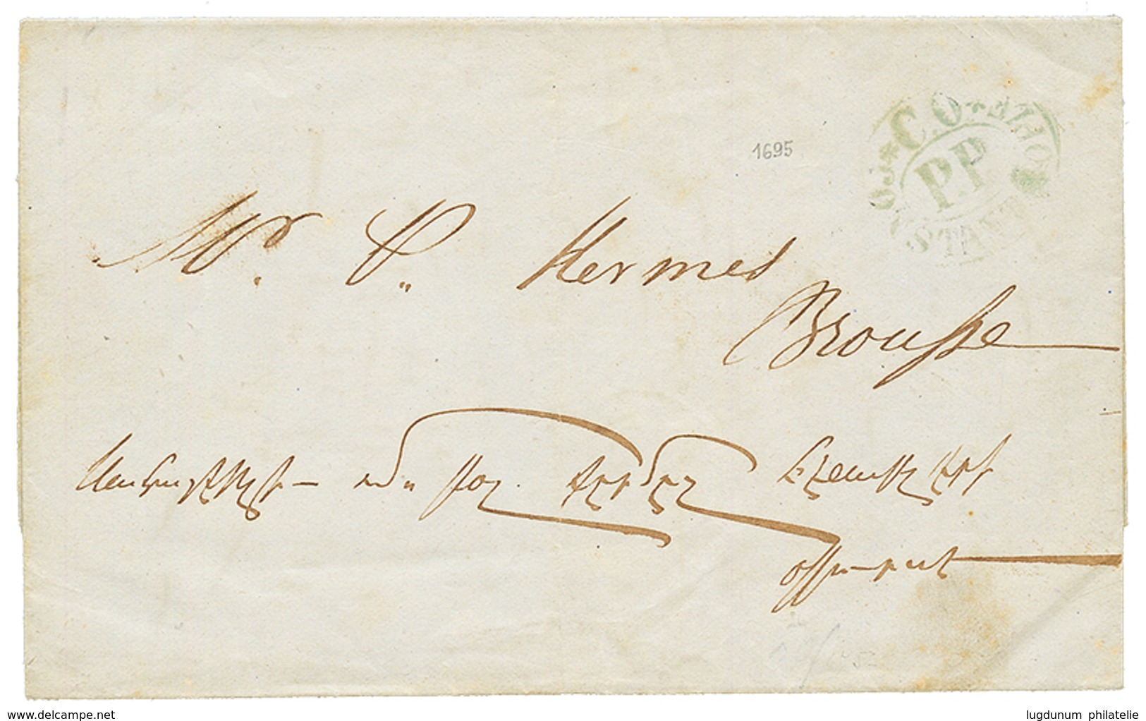 SHIP MAIL : 1854 P.P / COSTANTINOPLI In Blue On Entire Letter To BROUSSE. Vf. - Autres & Non Classés