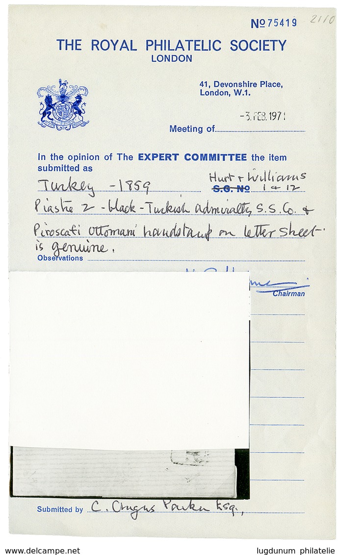 SHIP MAIL : 1859 Boxed P.P + Label "PORTO - PIASTRE 2 (crease) On Entire Letter From CONSTANTINOPLE To BROUSSE. ROYAL PH - Autres & Non Classés
