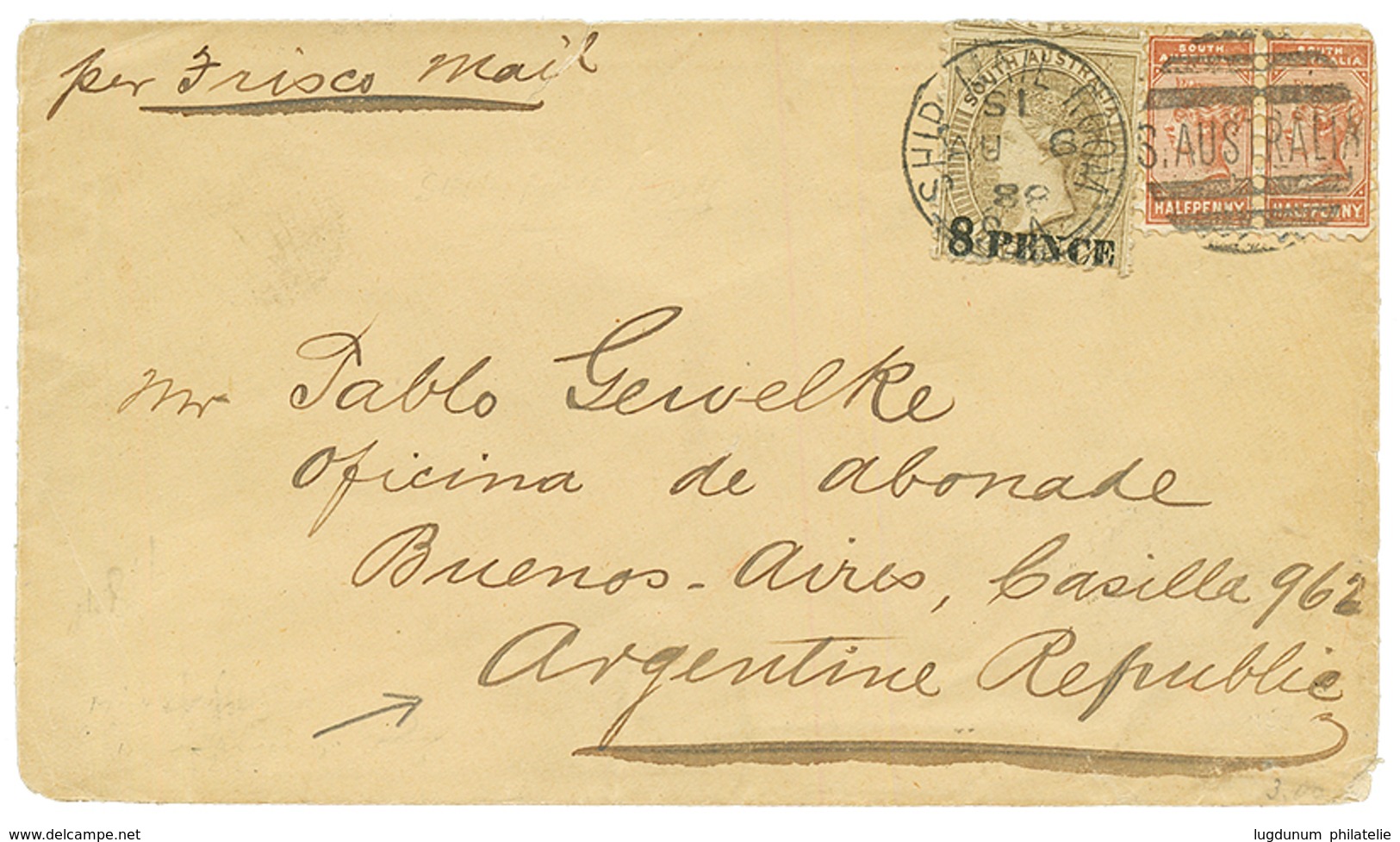 SOUTHERN AUSTRALIA To ARGENTINA : 1888 8d On 9d + Pair 1/2d Canc. SHIP MAIL ROOM On Envelope To BUENOS AIRES (ARGENTINA) - Autres & Non Classés