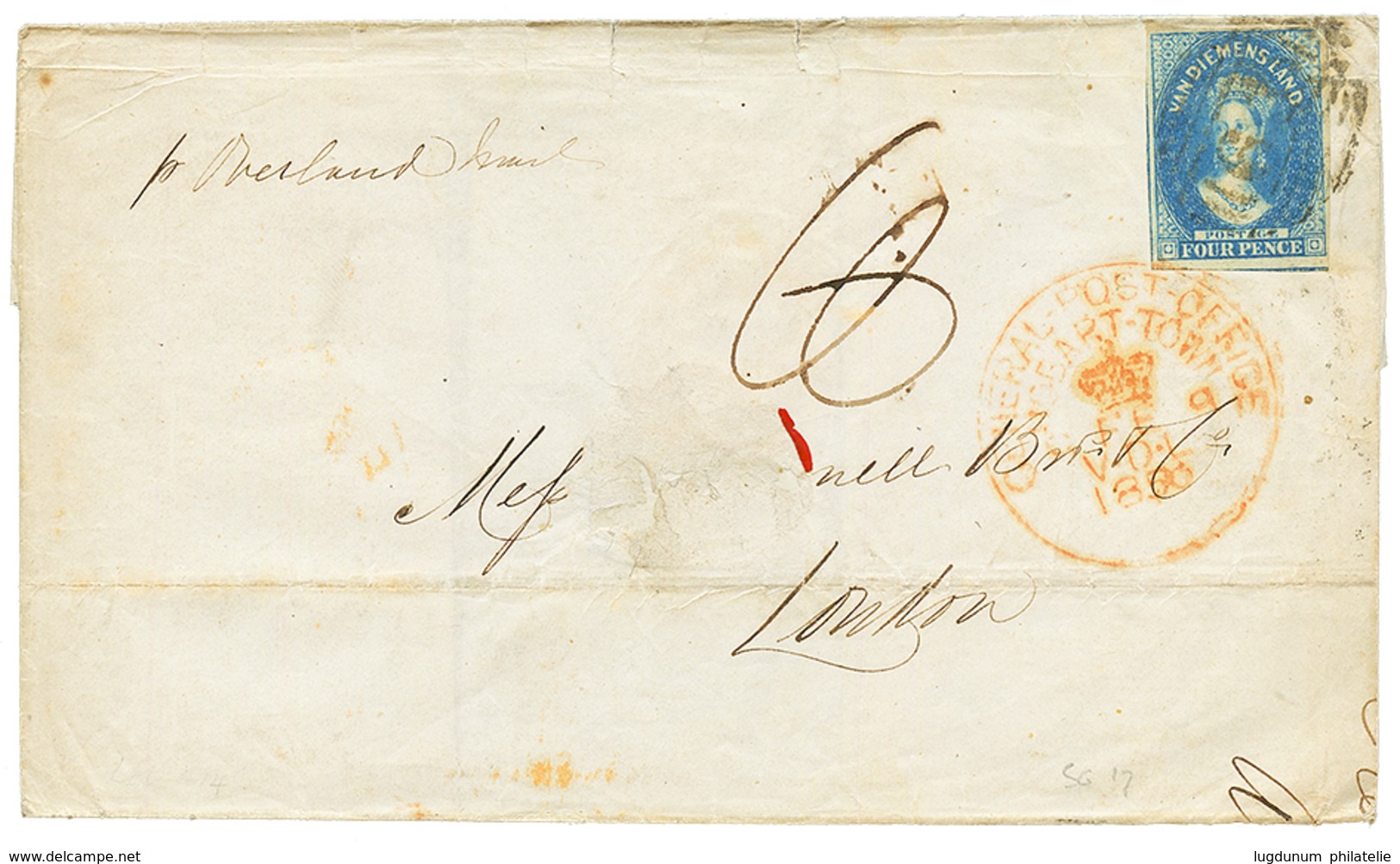 TASMANIA : 1856 4d + GENERAL POST OFFICE HOBART TOWN On OVERLAND MAIL Cover (fault) To LONDON. Vf.y - Autres & Non Classés