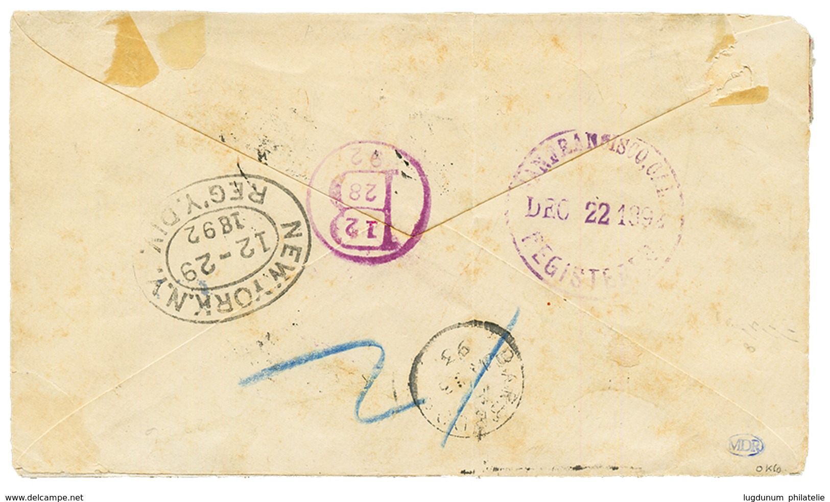 COOK ISLANDS To BARBADOS : 1892 1d + 2 1/2d (x3) Canc. RAROTONGA + REGISTERED AUCKLAND + US REGISTERED Label On Envelope - Cook Islands